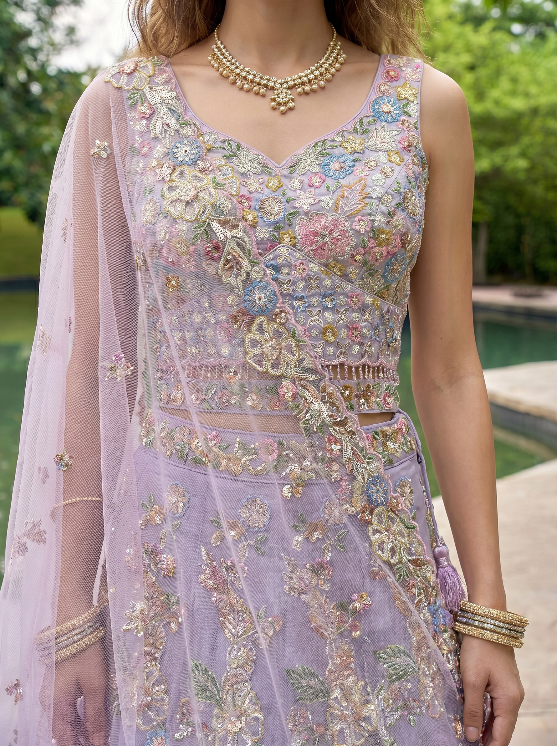Lavender Color Organza Handwork Embroidered using Cutdana,Sequin & Thread Ready to Wear Lehenga choli