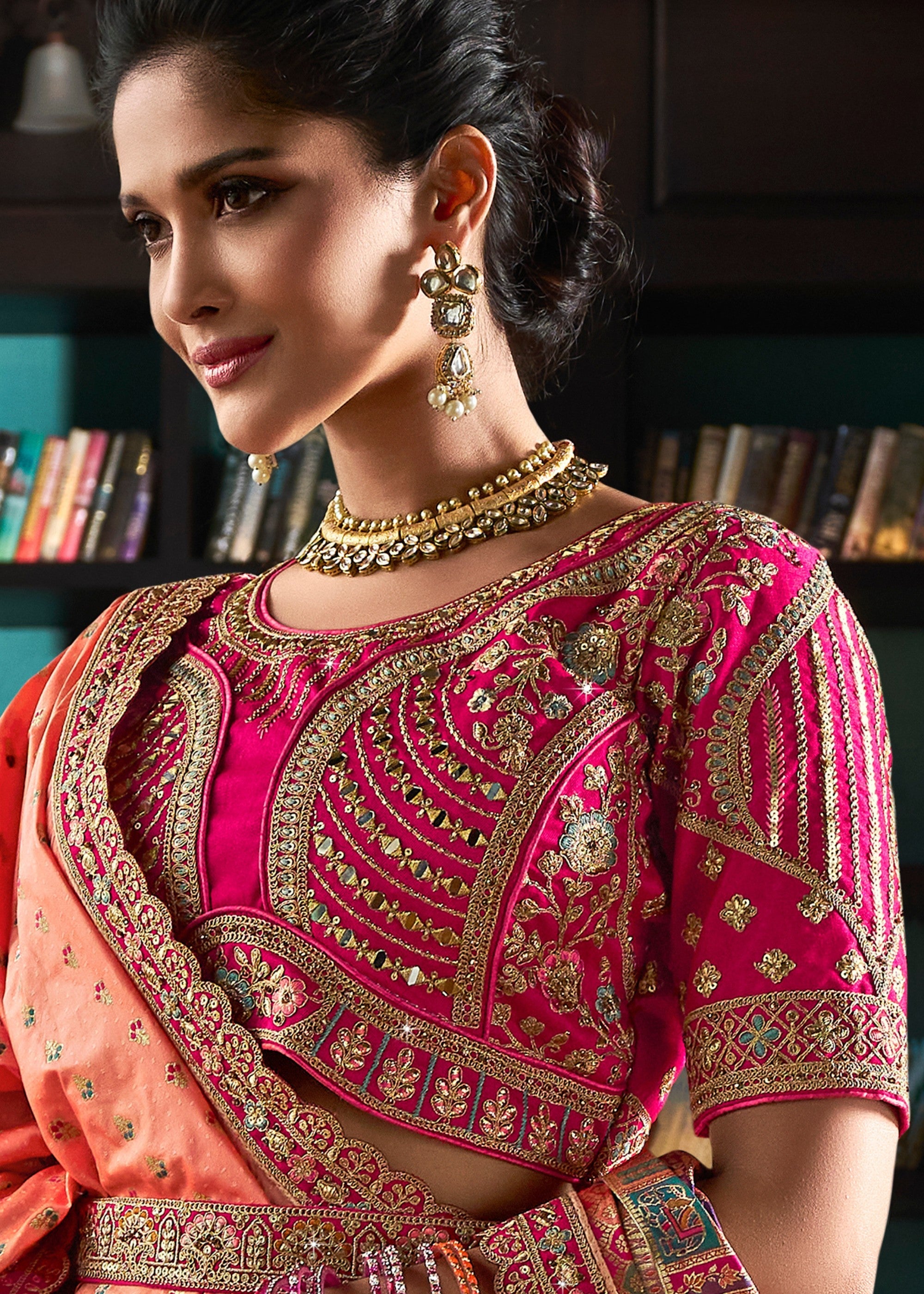 Coral Pink Banarasi Silk Lehenga with Zarkan Codding work | Ready To Wear - qivii