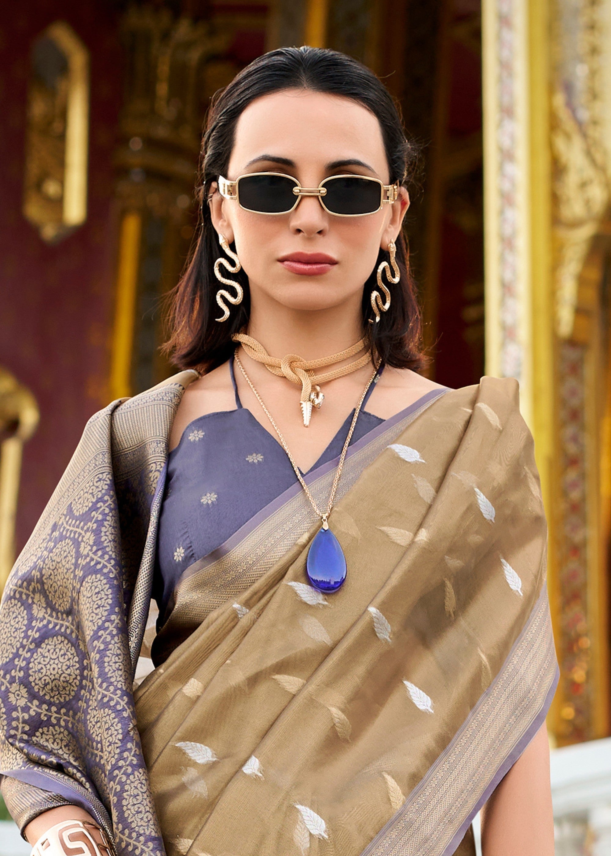 Sand Brown & Blue Tissue Silk Saree With Zari Weaving And Contrast Blouse - qivii