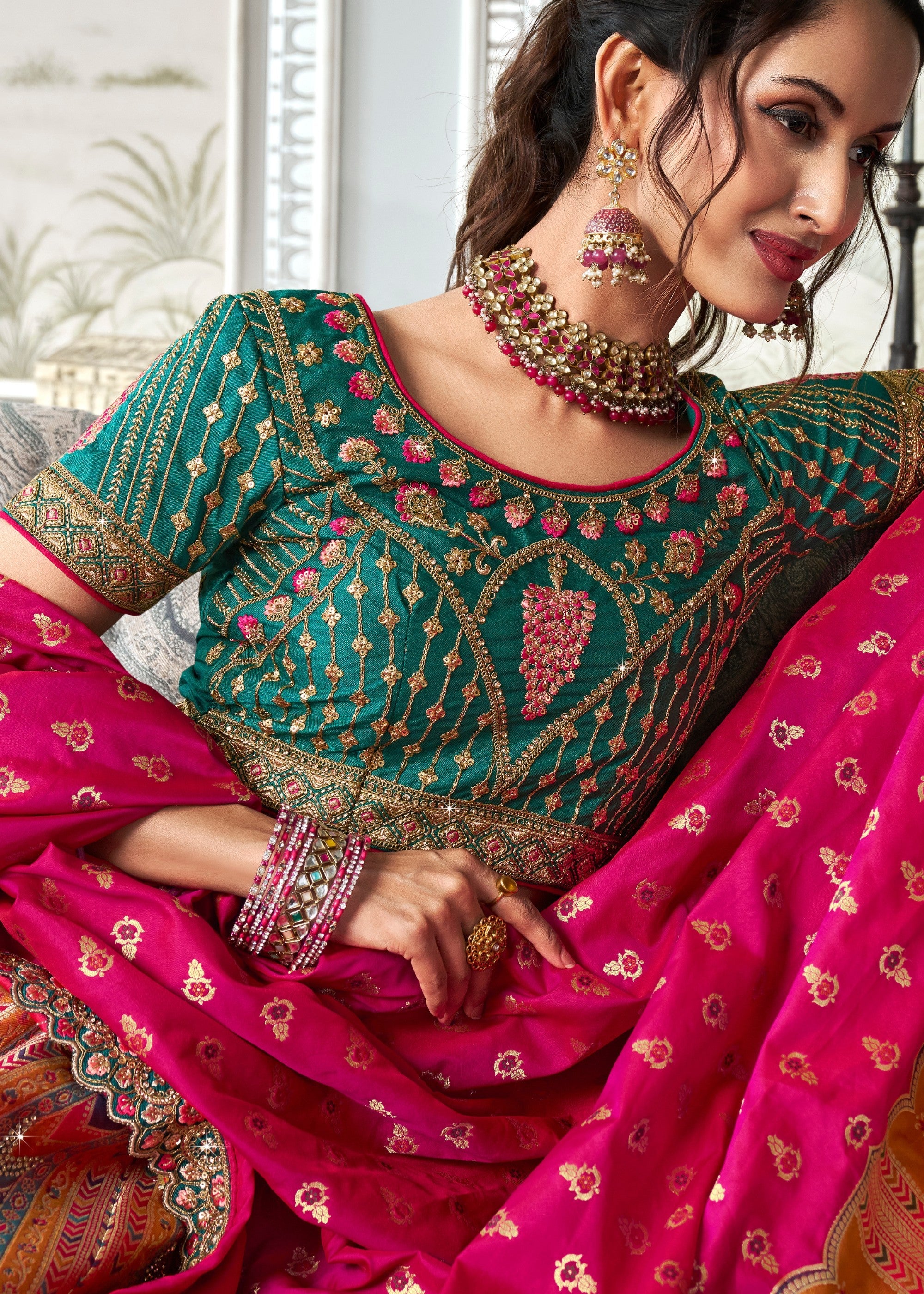 Hot Pink & Green Banarasi Silk Lehenga with Zarkan Codding work | Ready To Wear - qivii