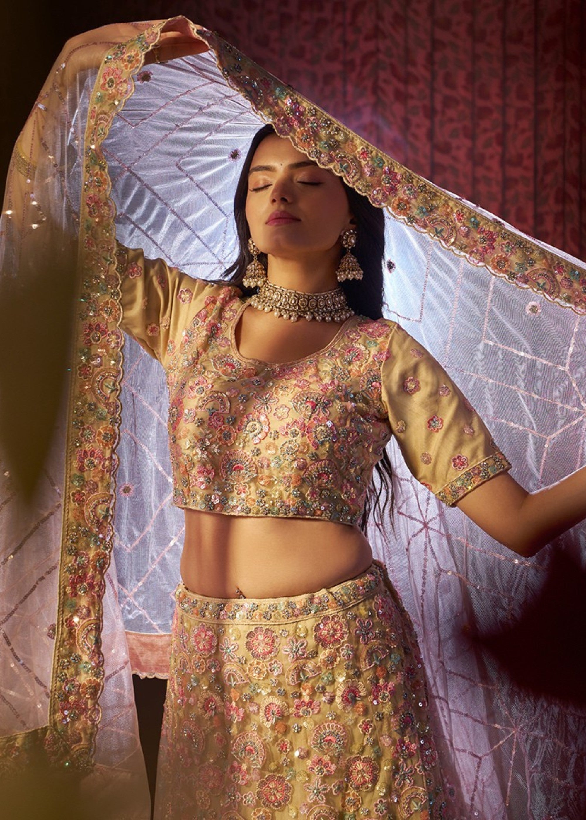 Beige Sequins Thread work Net Lehenga | Ready To Wear - qivii
