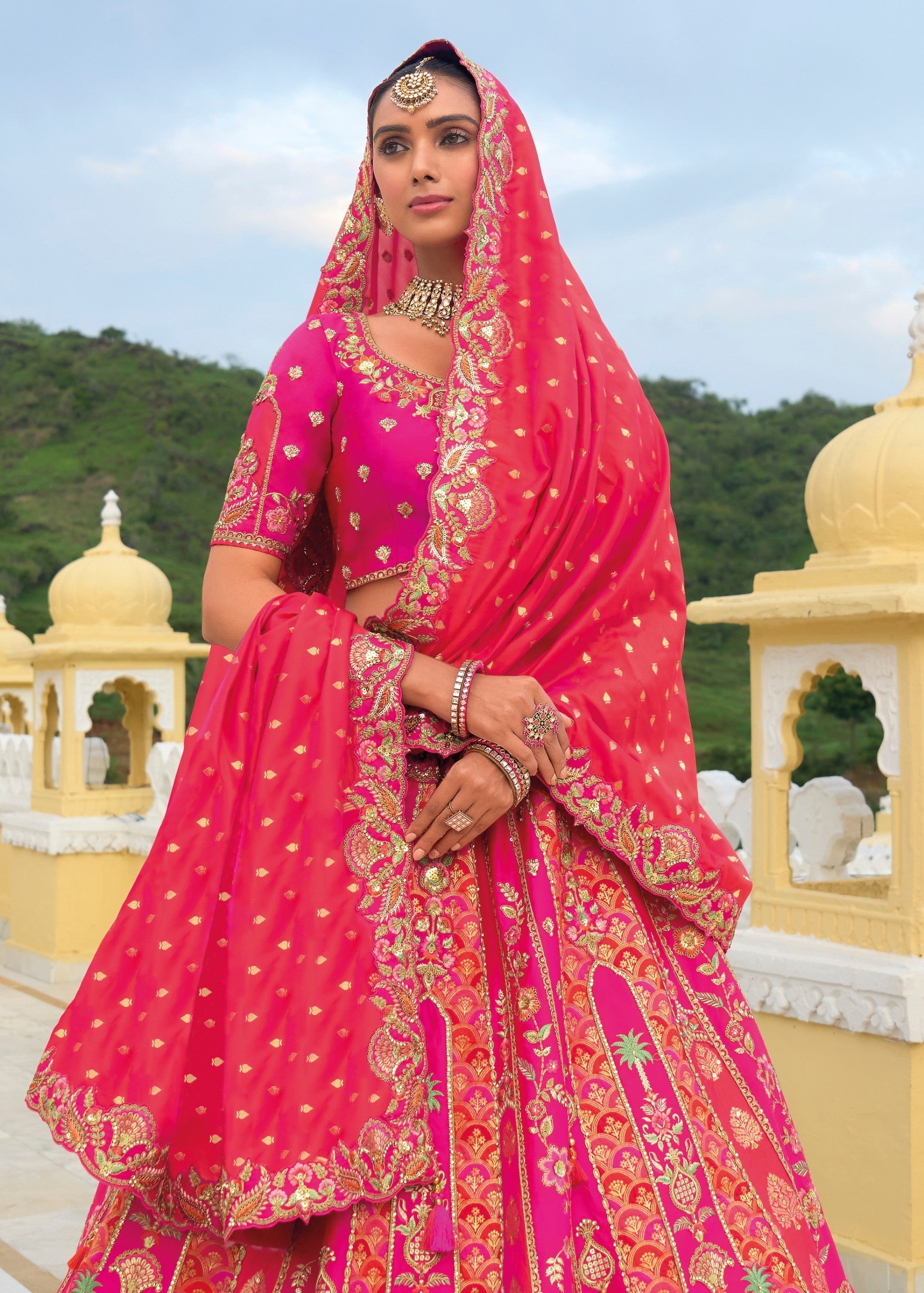Magenta Pink And Orange Banarasi Silk Lehenga With Heavy Embroidery Work | Ready To Wear - qivii