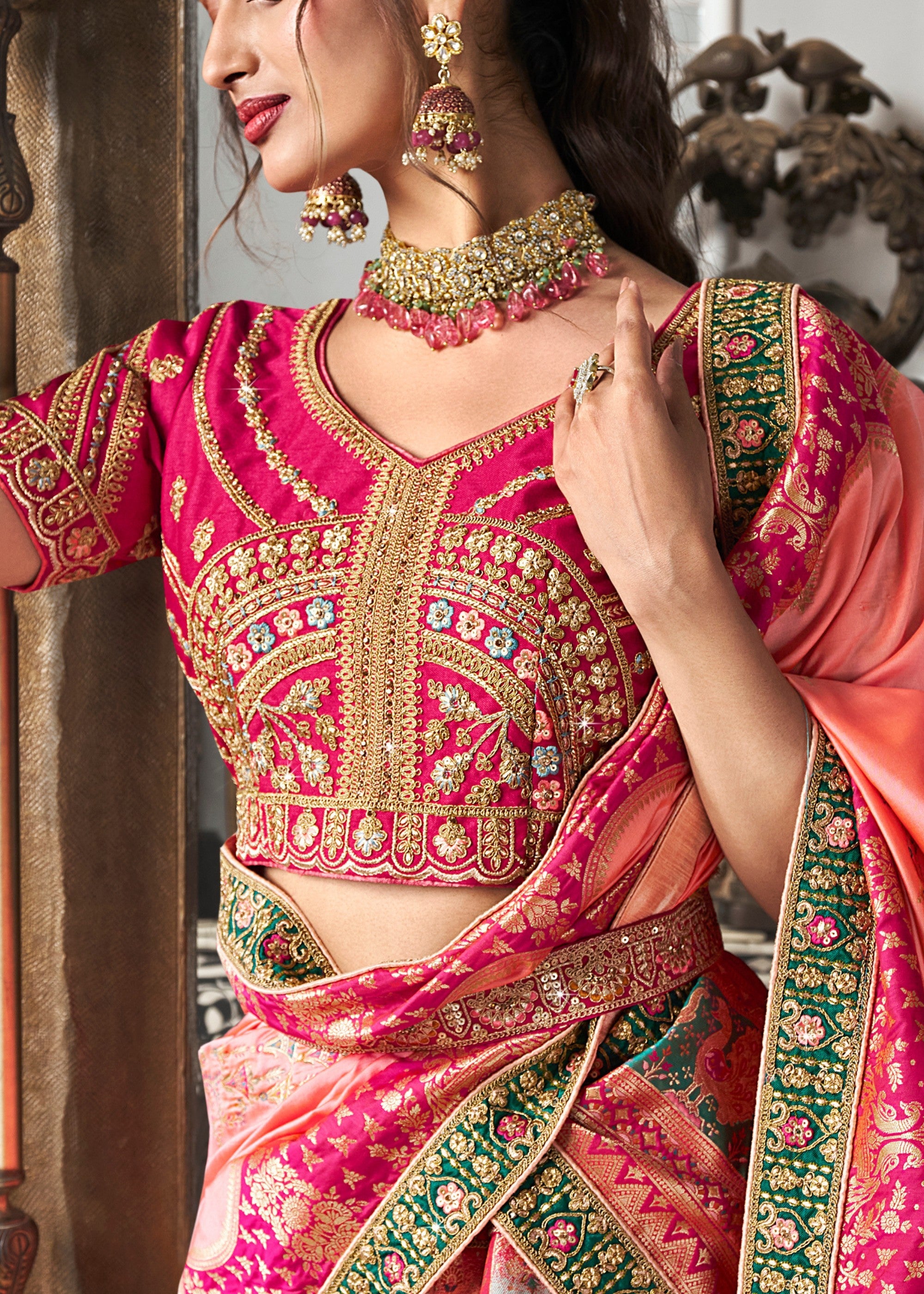 Peach & Pink Banarasi Silk Lehenga with Zarkan Codding work | Ready To Wear - qivii