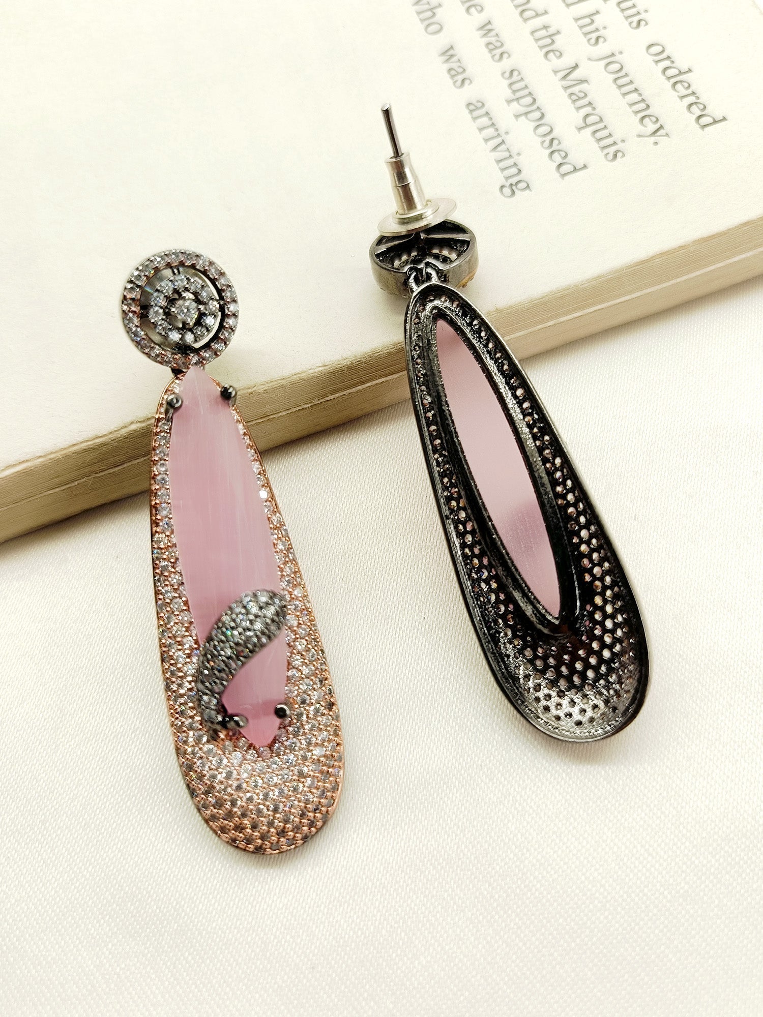 Beautiful American Diamonds Danglers With Long Pear Shape Pink Colour Stone and Victorian Silver