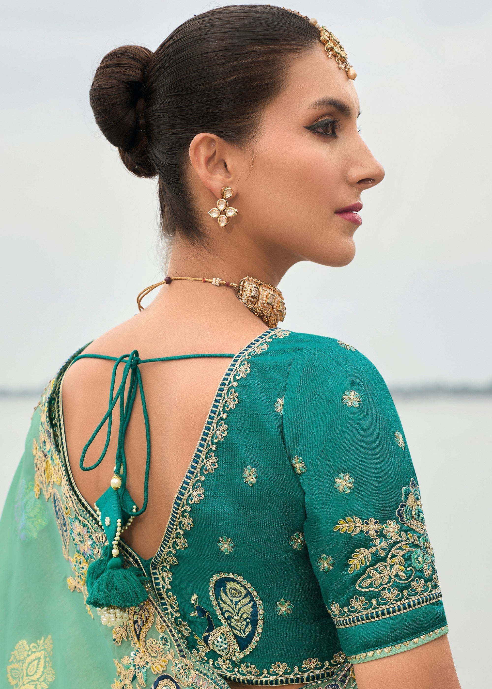 Mint Green Viscose Tissue Silk Saree With Embroidery Cut Work Border And Sequence Work - qivii