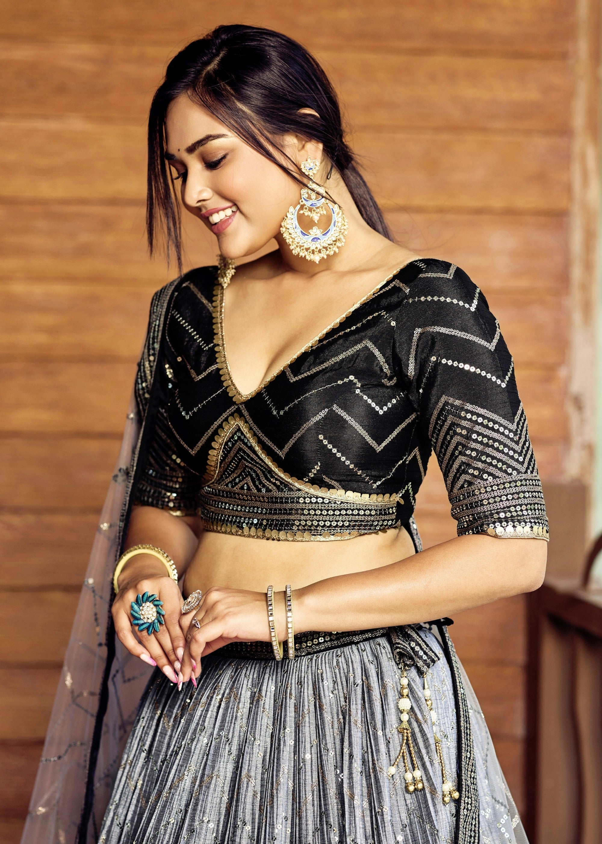 Sparkle Black Chinon Silk Lehenga With Sequence and Thread Embroidery Work | Ready To Wear - qivii
