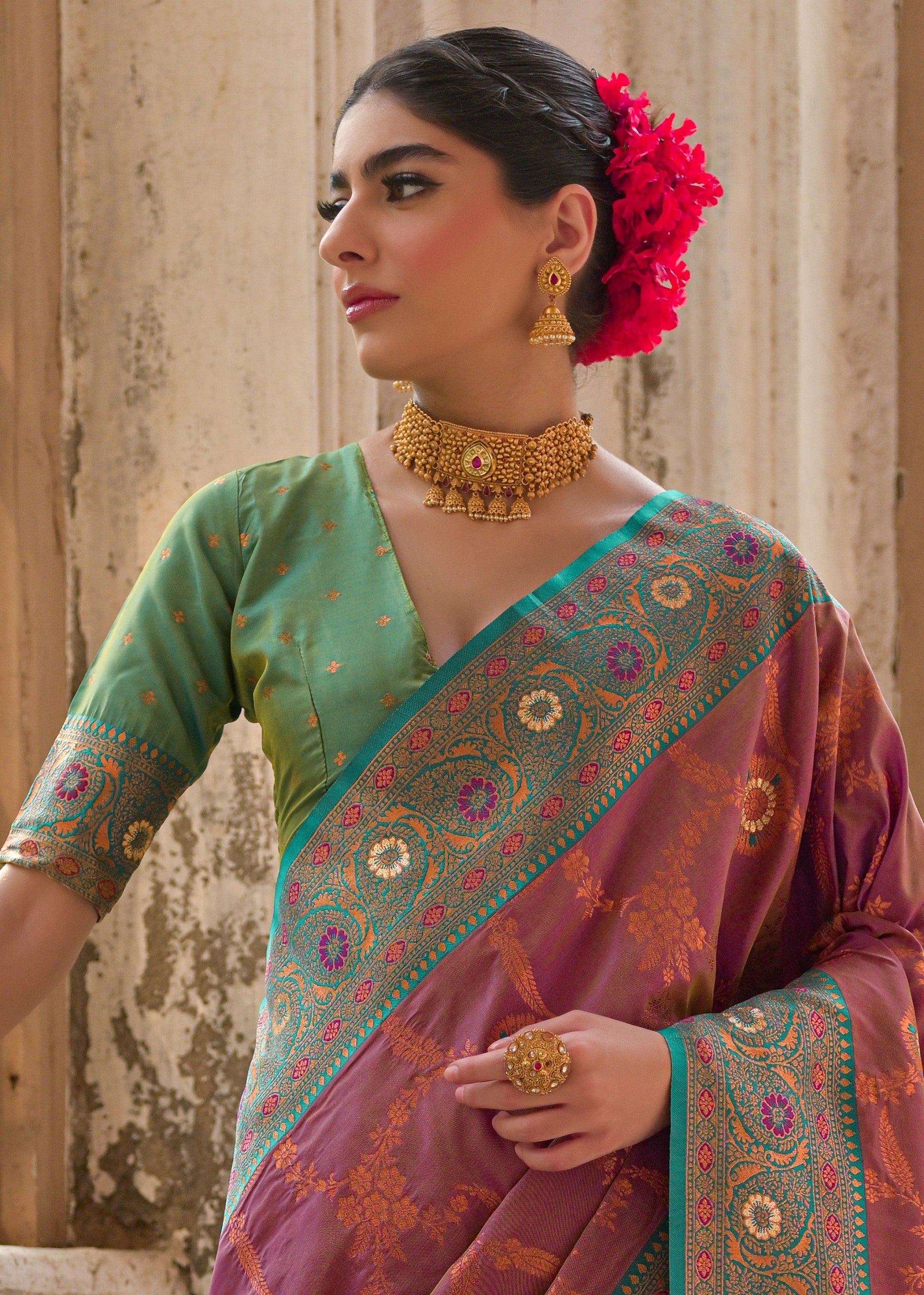 Wine Red All Over Flower Printed Zari Woven Banarasi Silk Saree With Contrast Pallu - qivii