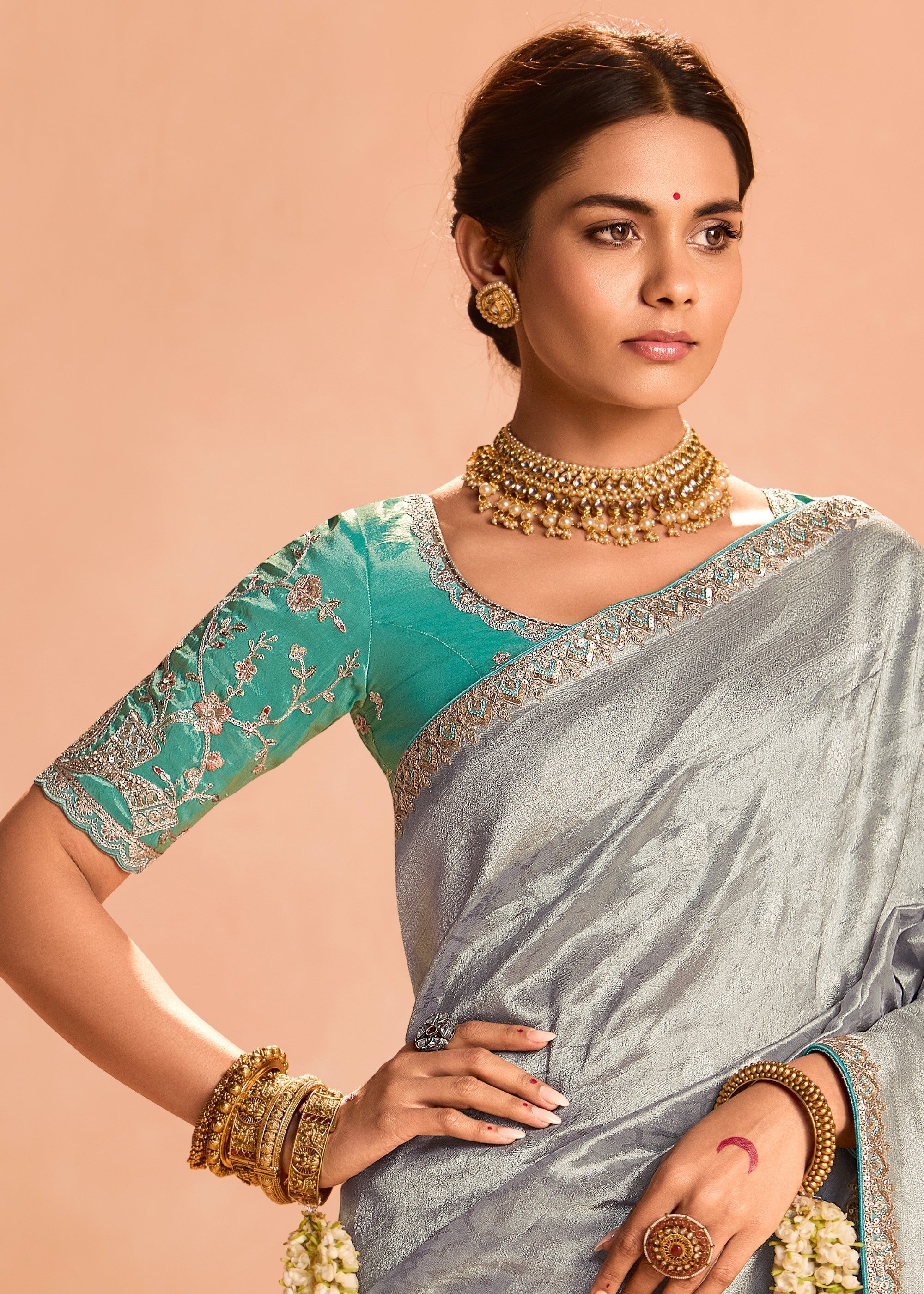 Silver Zari Tissue Silk Saree With Weaving Work And Heavy Embroidery Lace - qivii