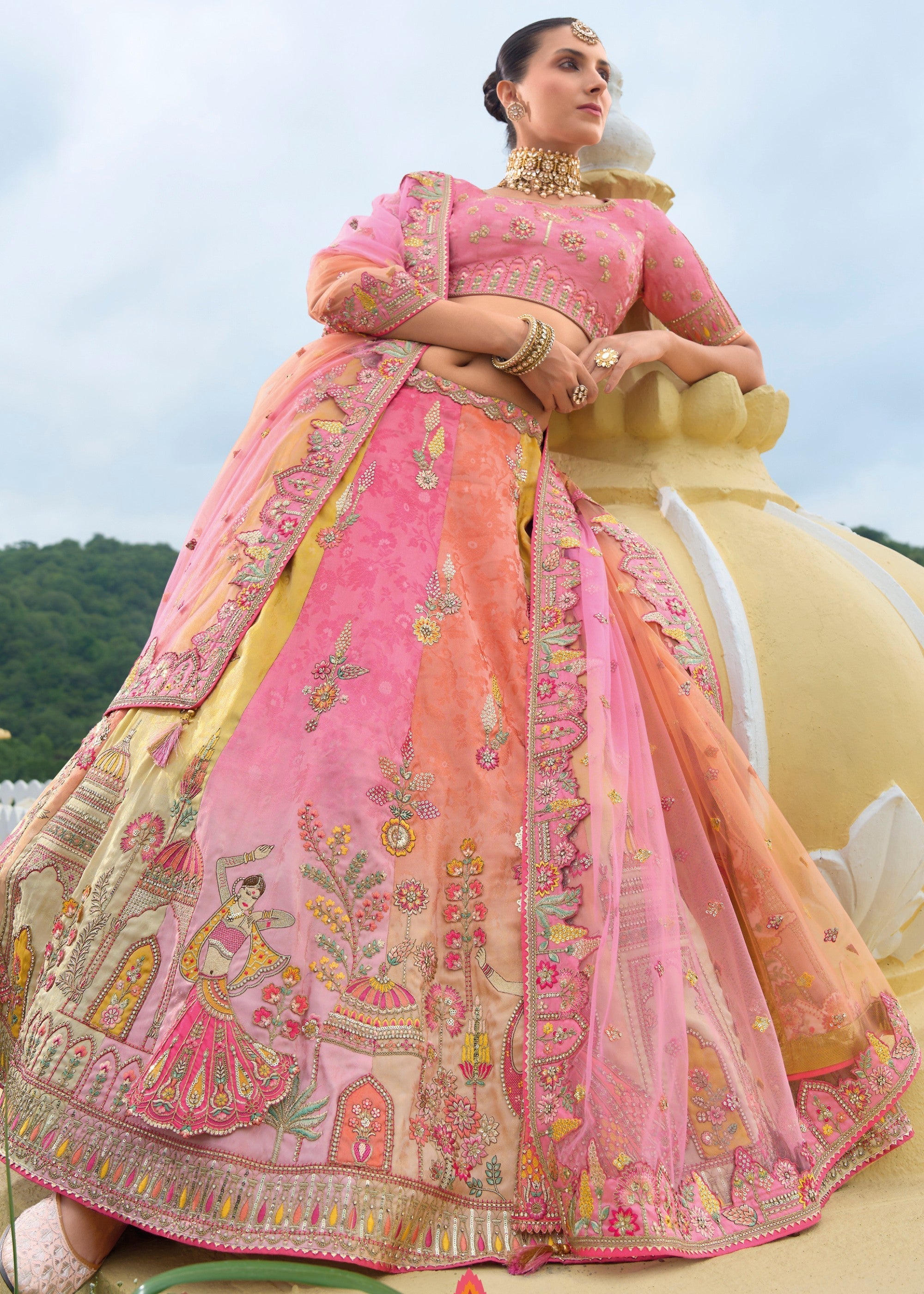 Multicolored Banarasi Silk Lehenga With Heavy Embroidery Work | Ready To Wear - qivii