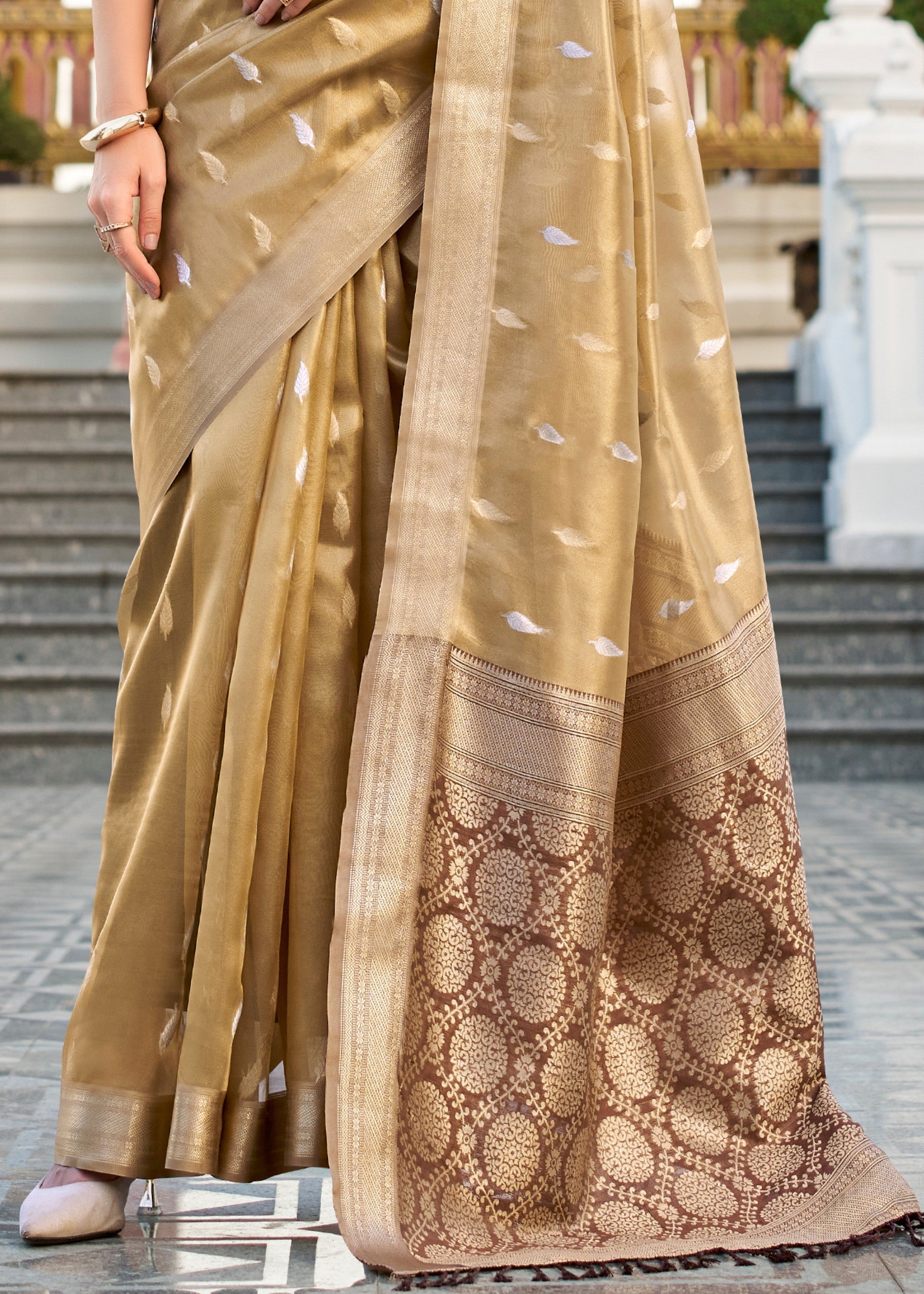 Golden Brown Tissue Silk Saree With Zari Weaving And Contrast Blouse - qivii