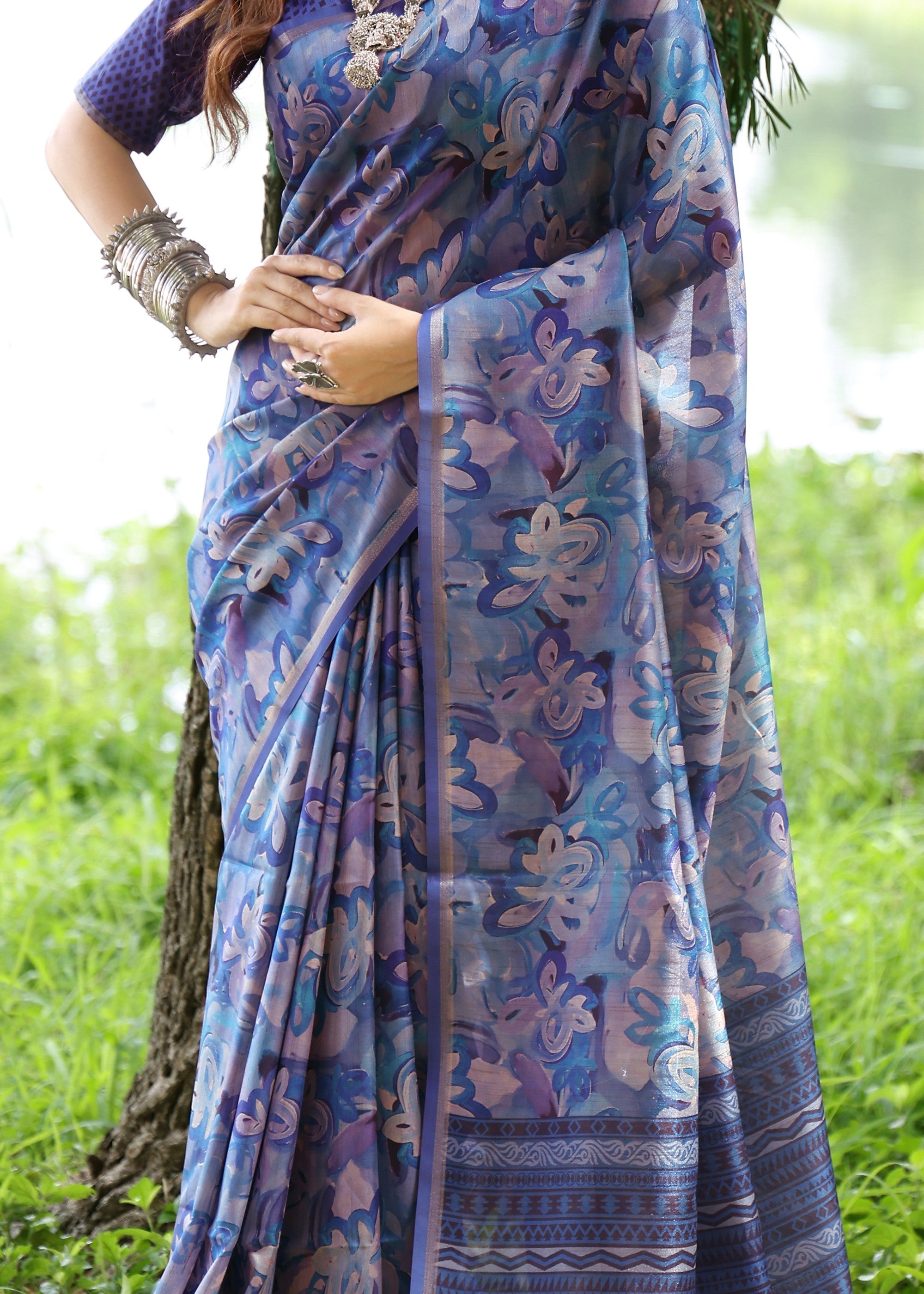 Blue Flower Printed Design Cotton Silk Saree With Printed Pallu - qivii