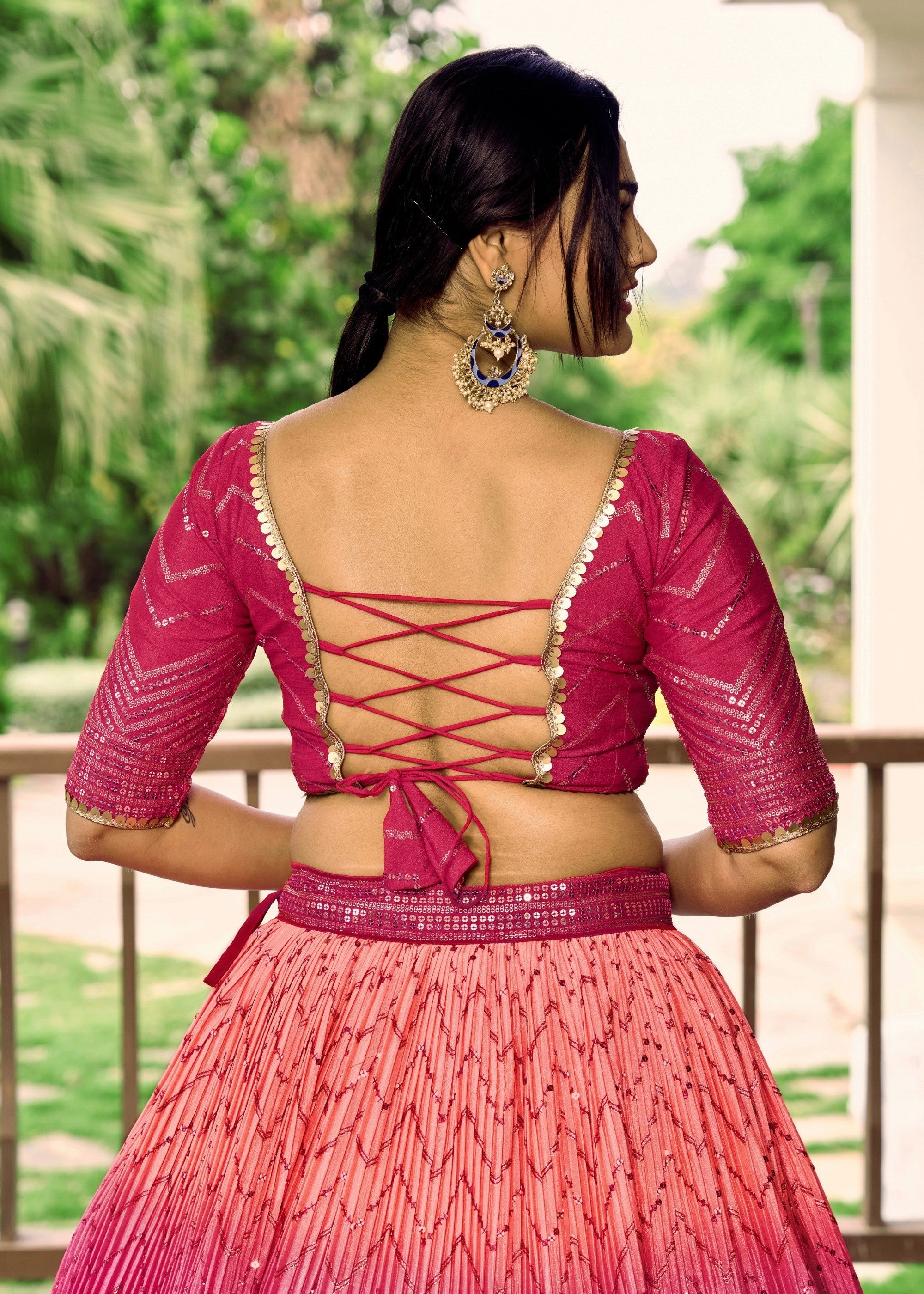 Hot Pink Chinon Silk Lehenga With Sequence and Thread Embroidery Work | Ready To Wear - qivii