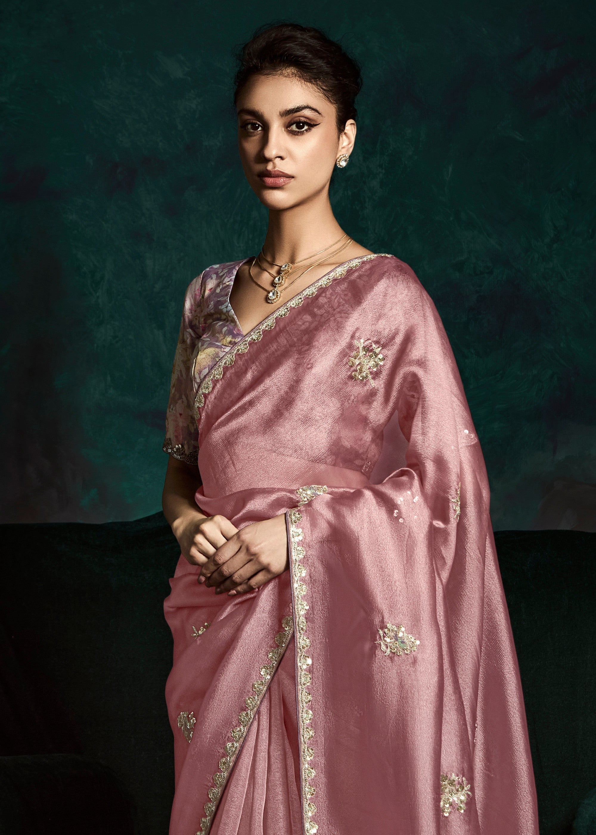Pretty Pink Fancy Fabric Silk Saree With Sequins And Thread Embroidered Butti Work - qivii