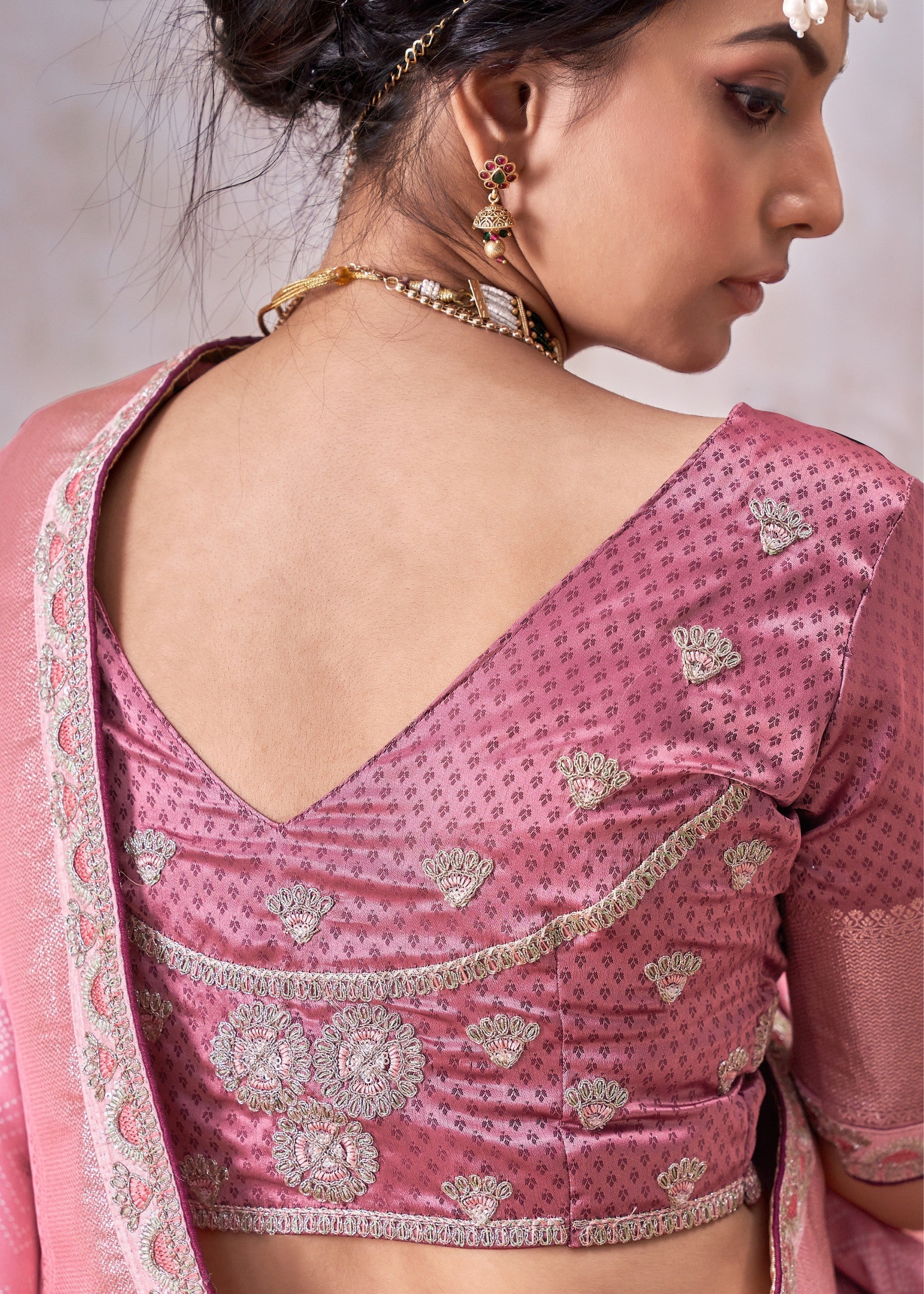 Blush Pink Satin Silk Saree With Heavy Embroidery Lace & Blouse - qivii