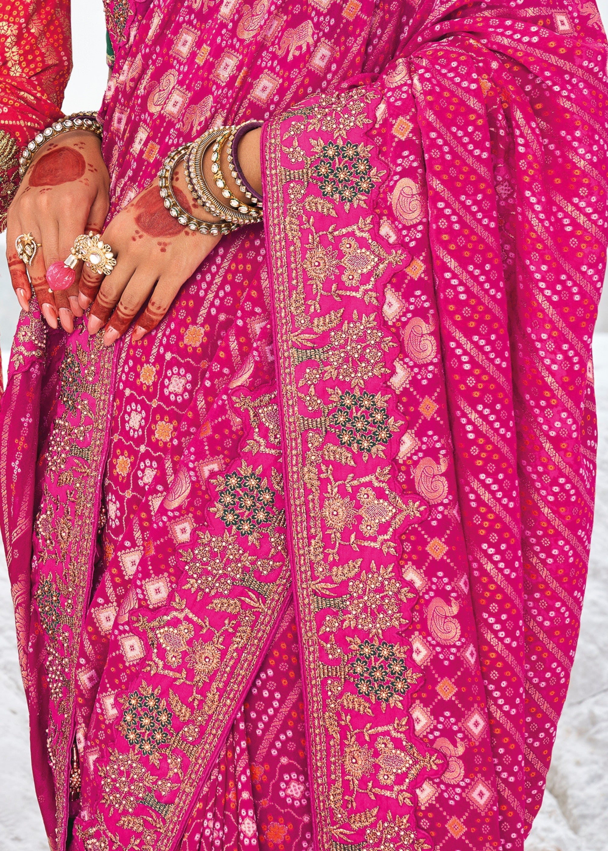 Barbie Pink Pure Georgette Bandhani Patola With Zari Weaving Heavy Work Saree - qivii
