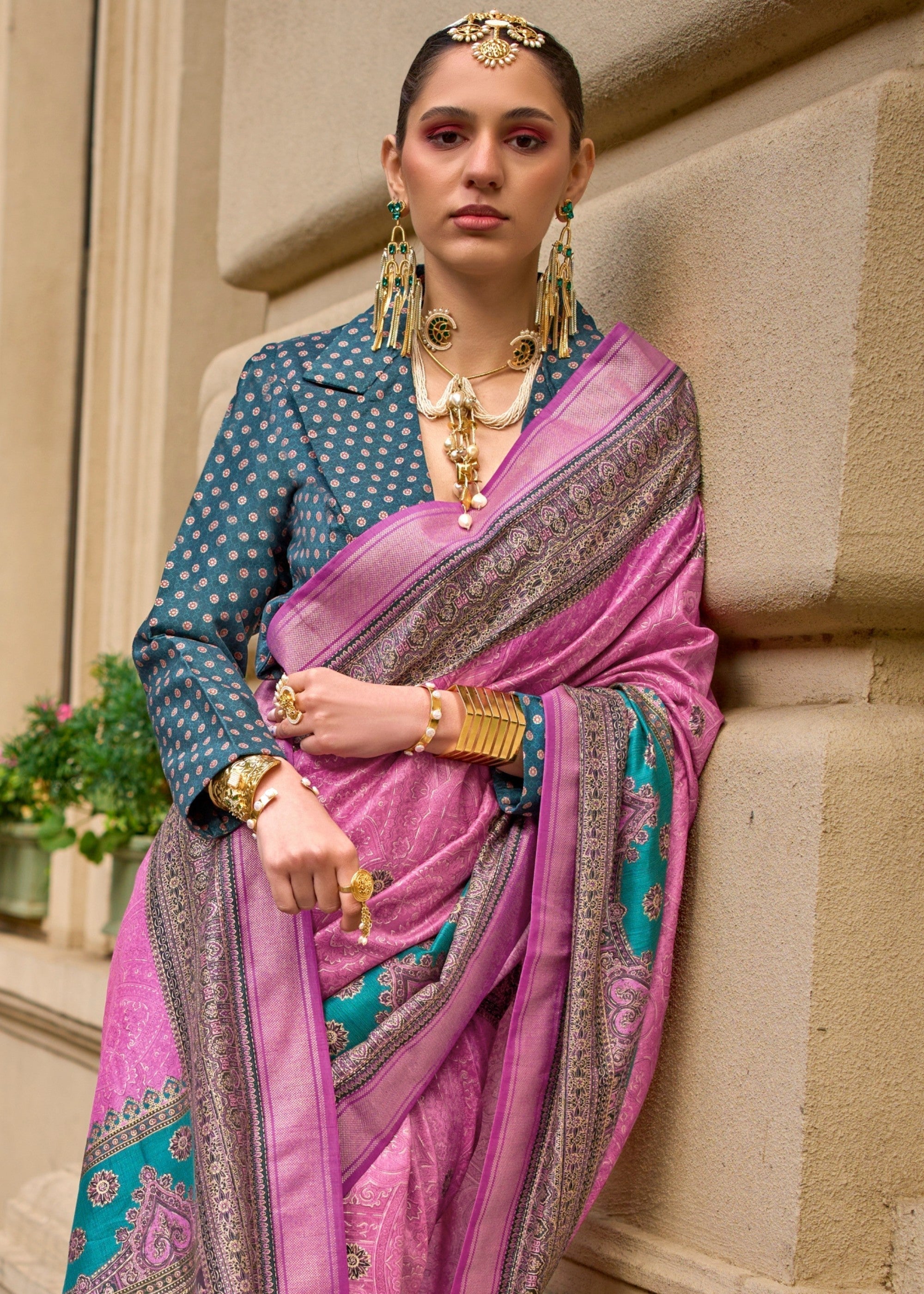 Fuscia Pink Poly Viscose Silk Saree With Foil Print - qivii