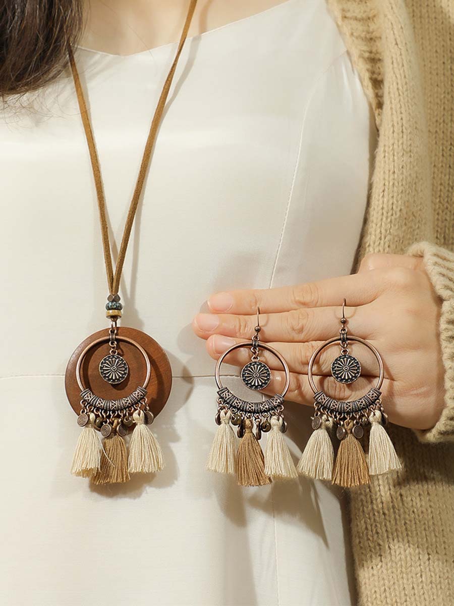 Vintage Distressed Bohemian Tassel Necklace Earrings Set - By Qivii