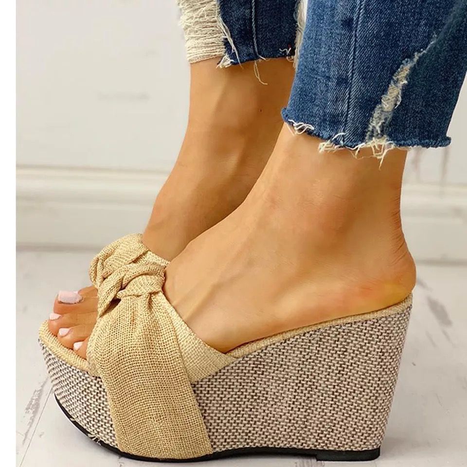Women's Celeste Bow Peep-Toe Wedge Slide Sandals - Elegant Roman Summer Slides (US 4-10.5)