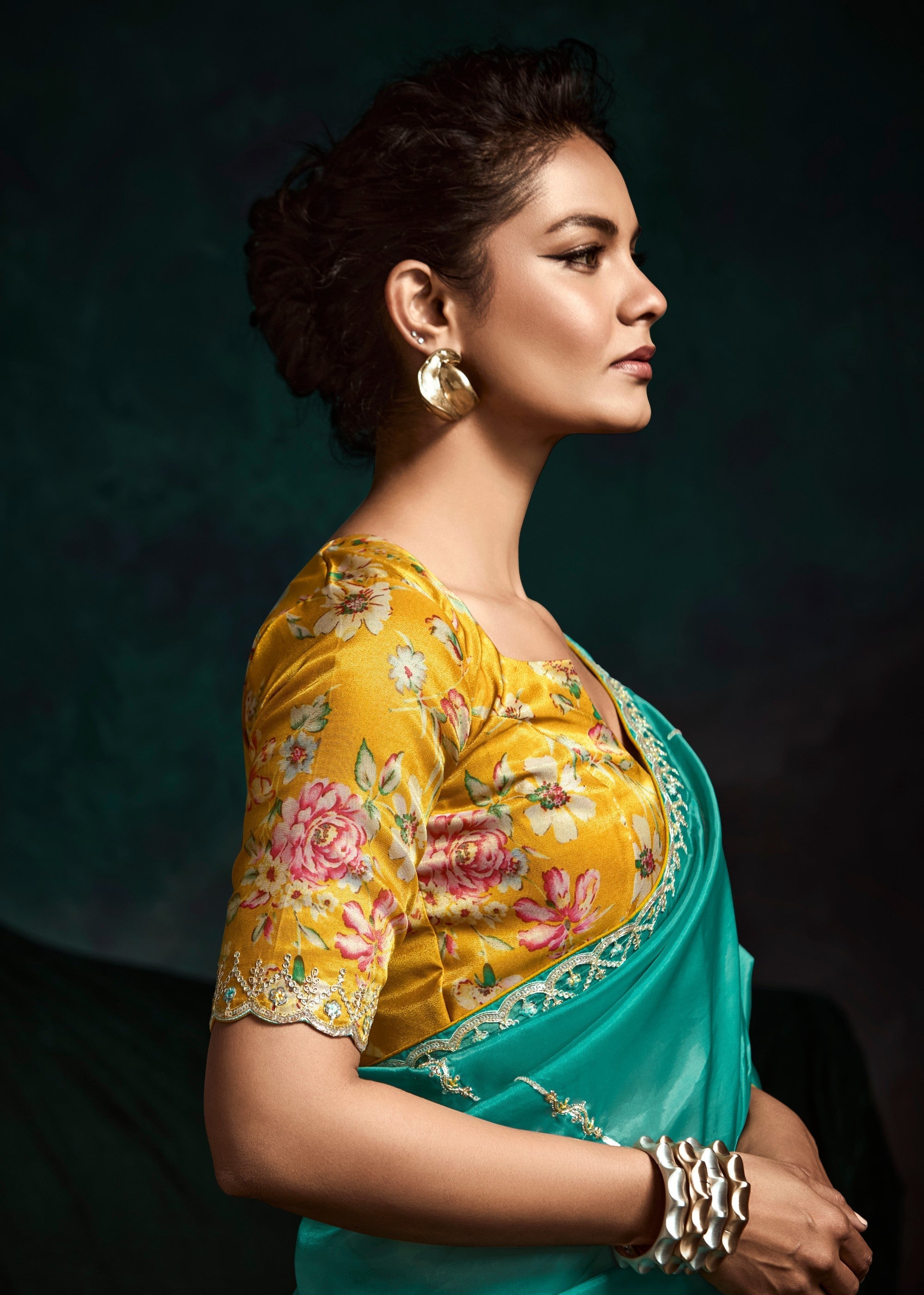 Jade Green Fancy Fabric Silk Saree With Sequins And Thread Embroidered Butti Work - qivii