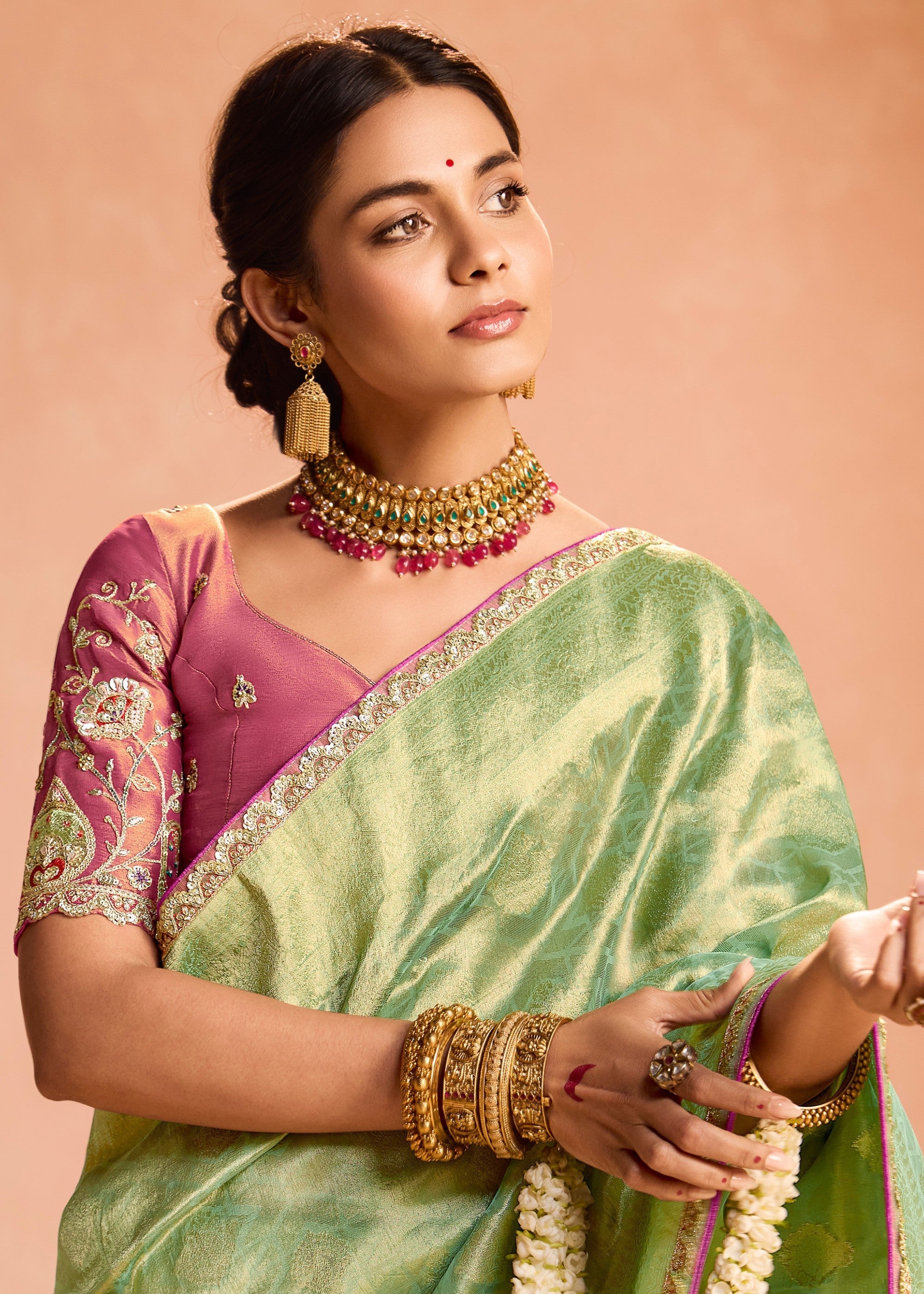 Pastel Green Zari Tissue Silk Saree With Weaving Work And Heavy Embroidery Lace - qivii