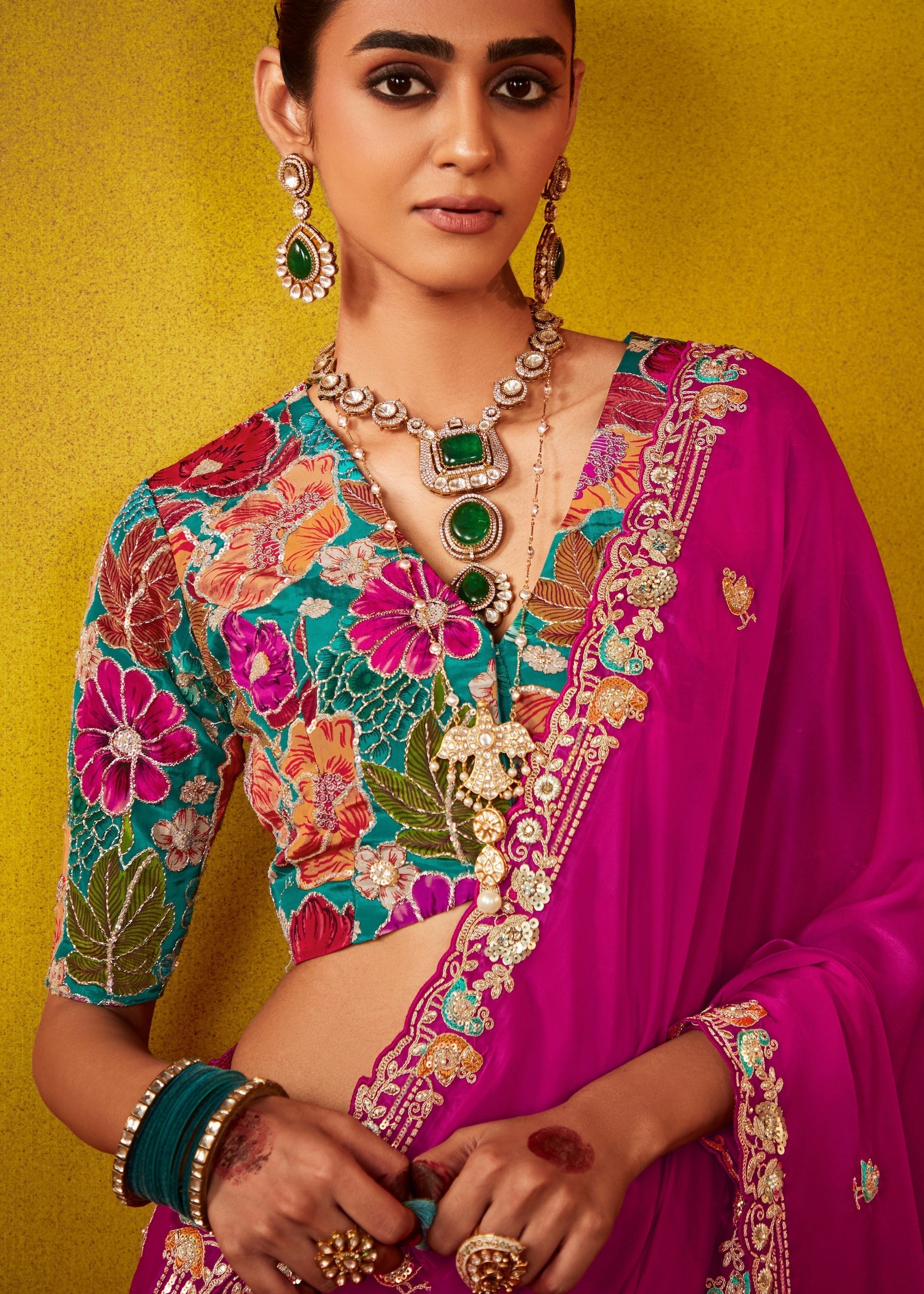 Barbie Pink Glass Tissue Silk Saree With Sequins And Thread Embroidered Work - qivii