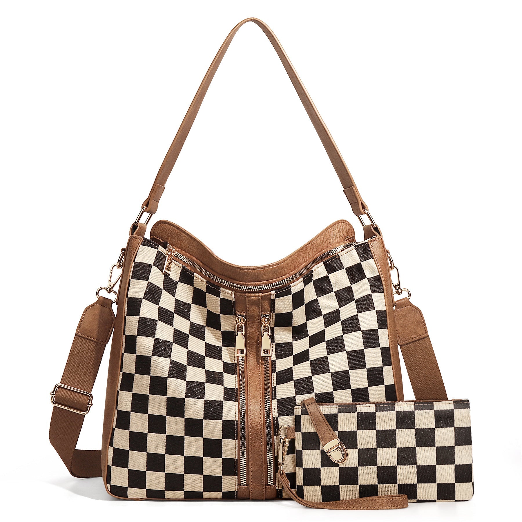 Ounamei Checkered Hobo Tote Bag with a Pouch for Women | PU Leather & Canvas Shoulder & Crossbody Handbag for Daily Use