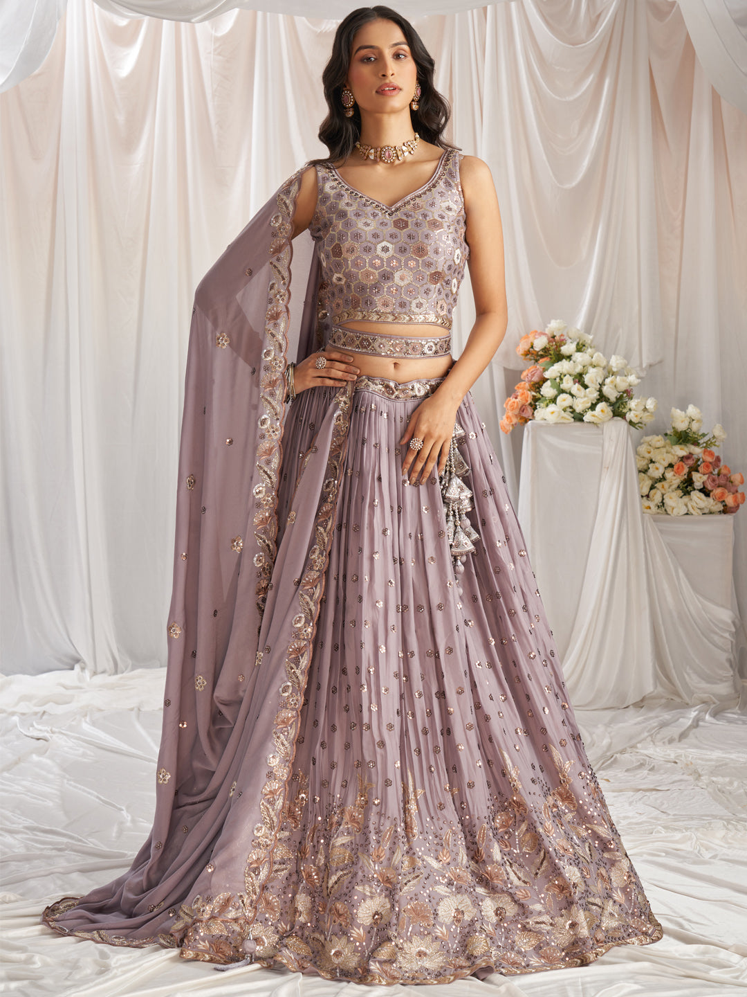 Lavender - Golden Dull-Bright Sequin,Golden-Sliver Threaded Embroidered Georgette Semi-Stitched Lehenga choli - qivii