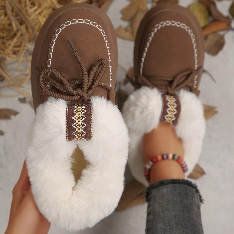 Women's FrostHaven faux fur-lined winter shoes by Bootara, suede lace-up moccasins in US sizes 5.5 to 10.5, with cozy interior.