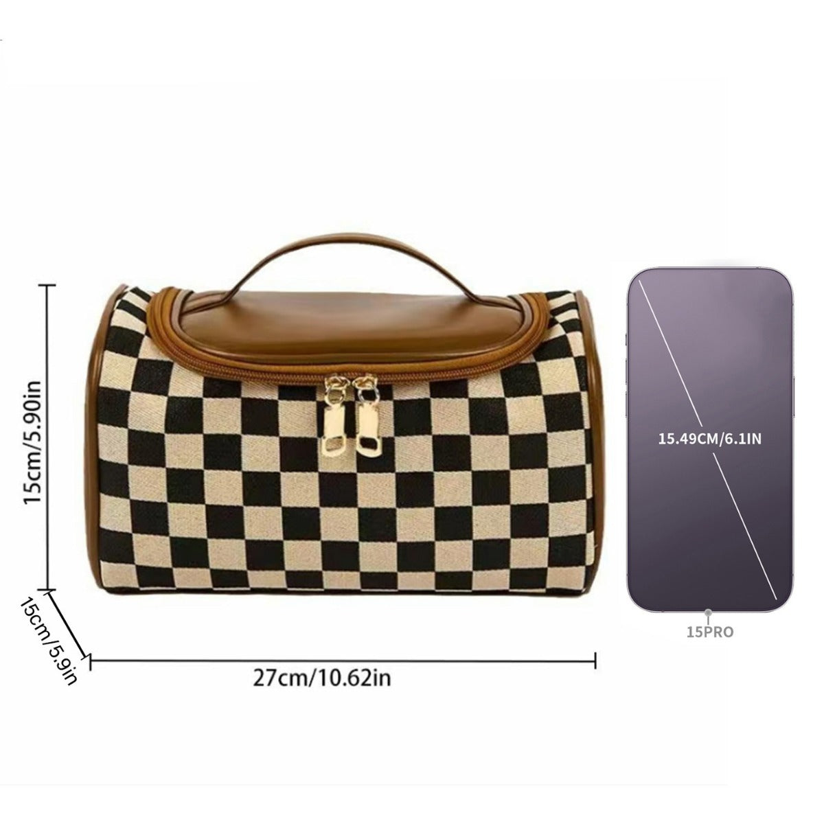 Ounamei Checkered Makeup Bag for Women | Canvas & PU Leather Large Capacity Cosmetic Organizer for Travel