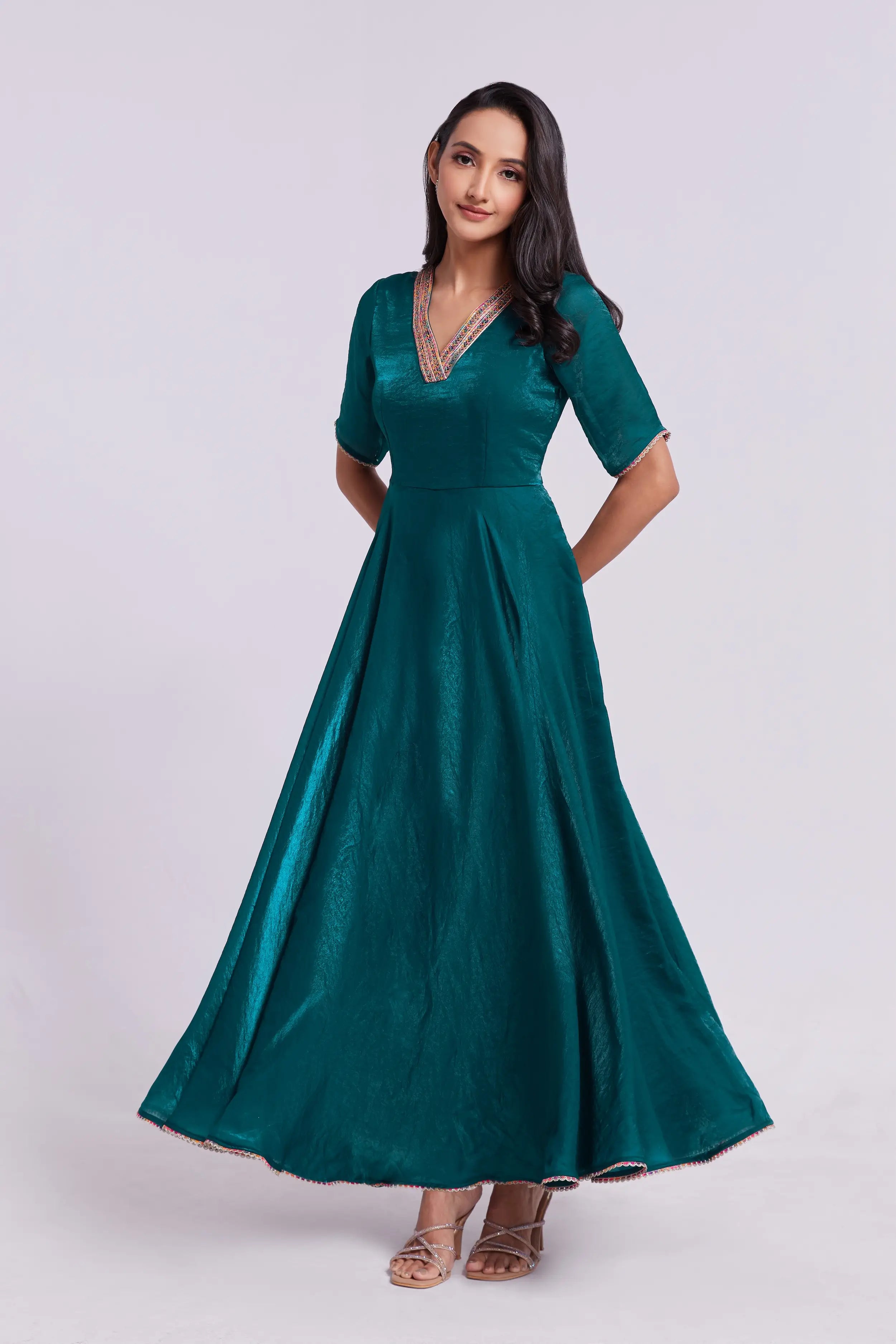 Peacock Blue Pure Organza Gown - qivii