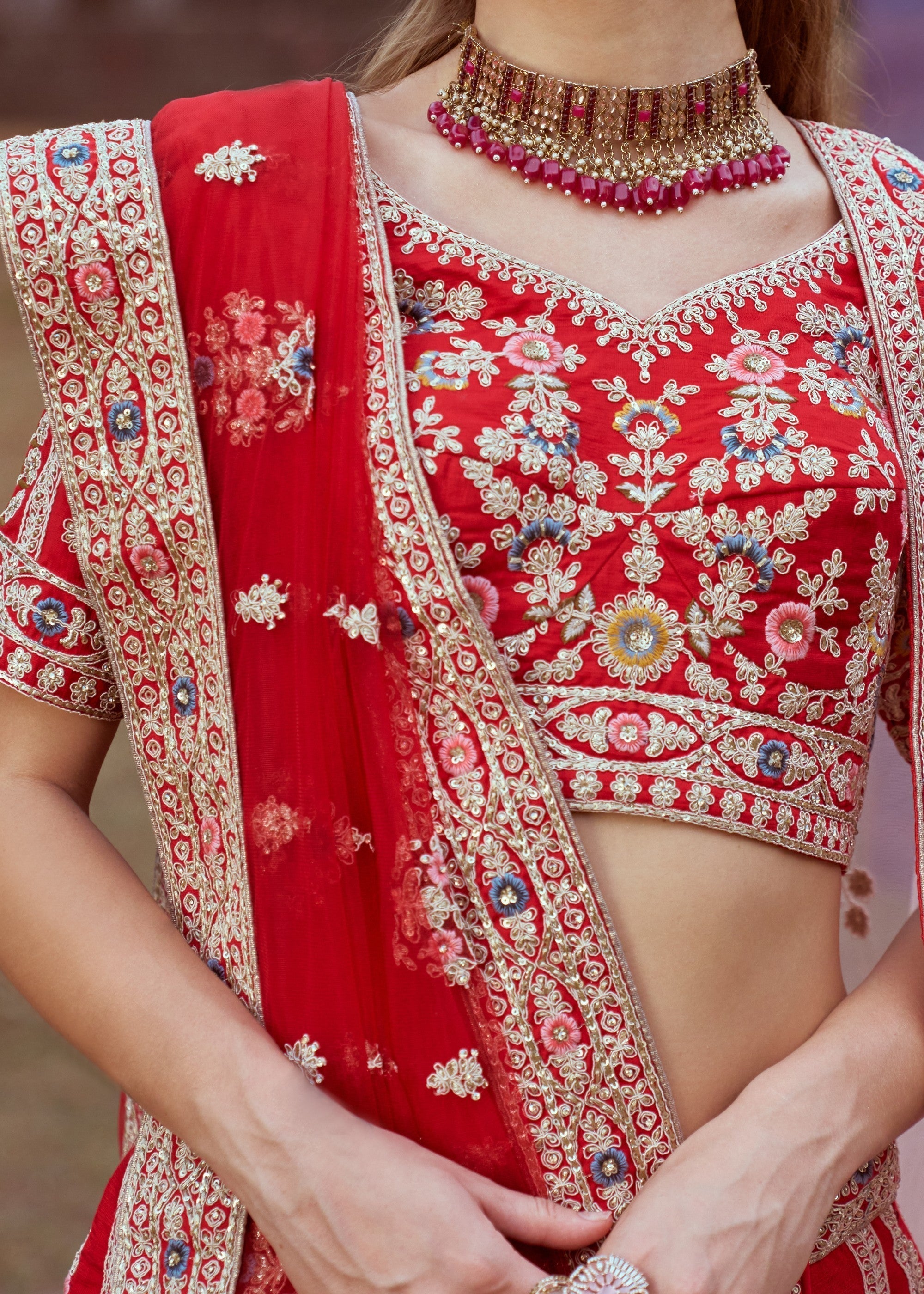 Red Pure silk Moti, Sequins embroidery Bridal Lehenga | Ready To Wear - qivii