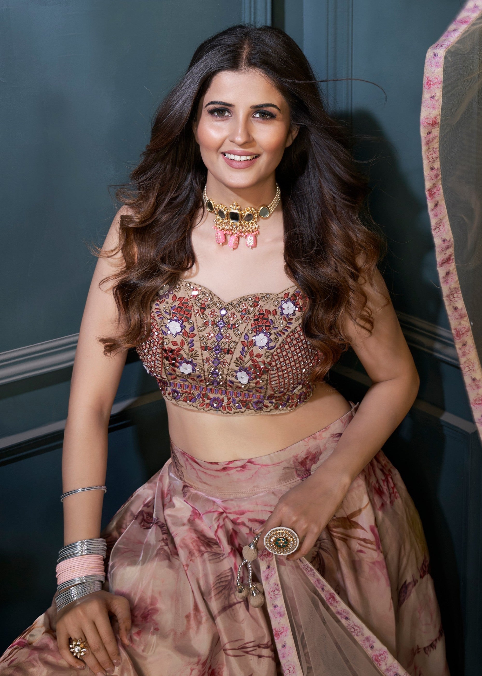 Multi Colour Digital Print and Handwork Organza Silk Lehenga | Ready To Wear - qivii