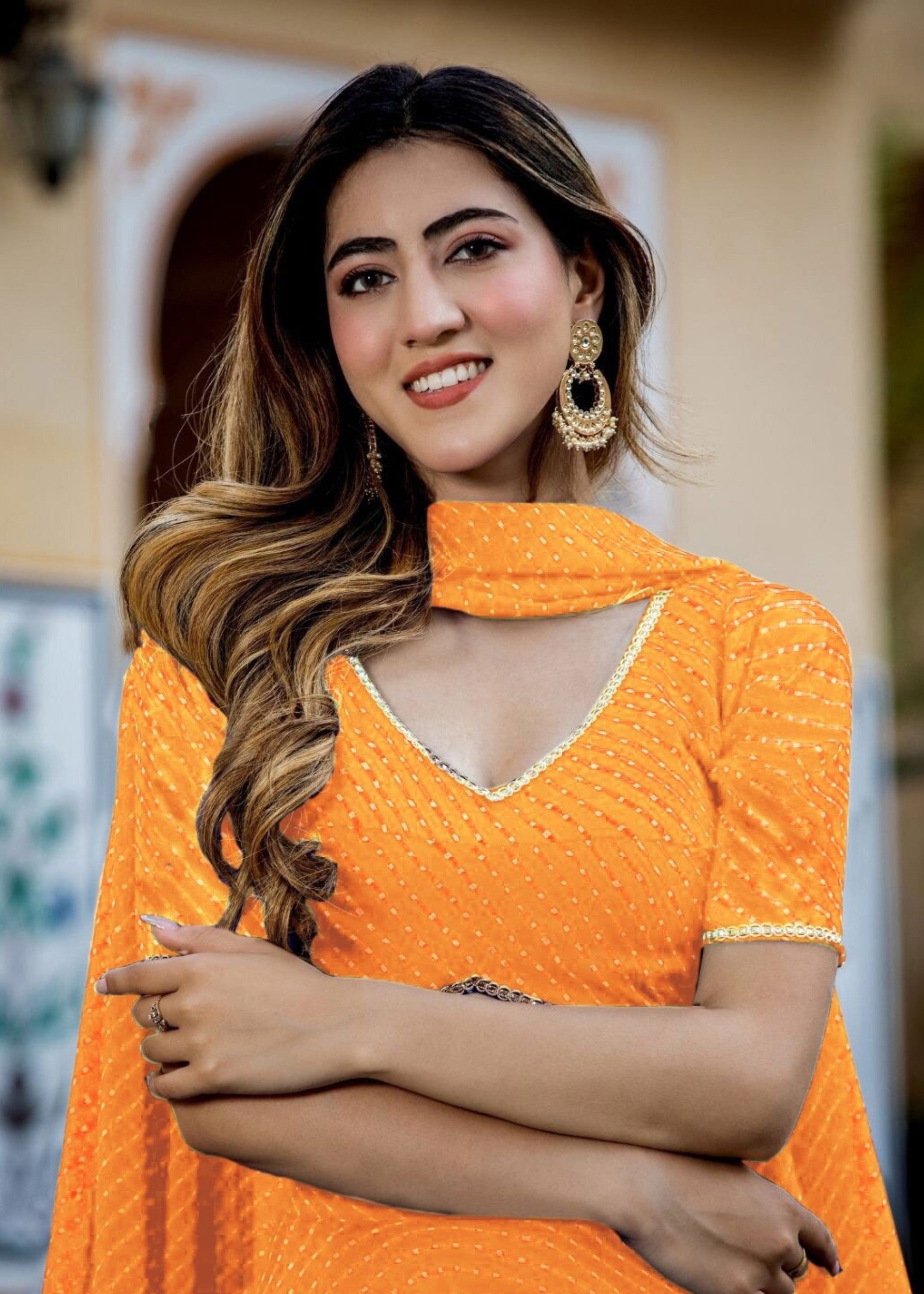 Tang Orange Georgette Leheriya Print Lehenga With Zari And Lace Work | Ready To Wear - qivii