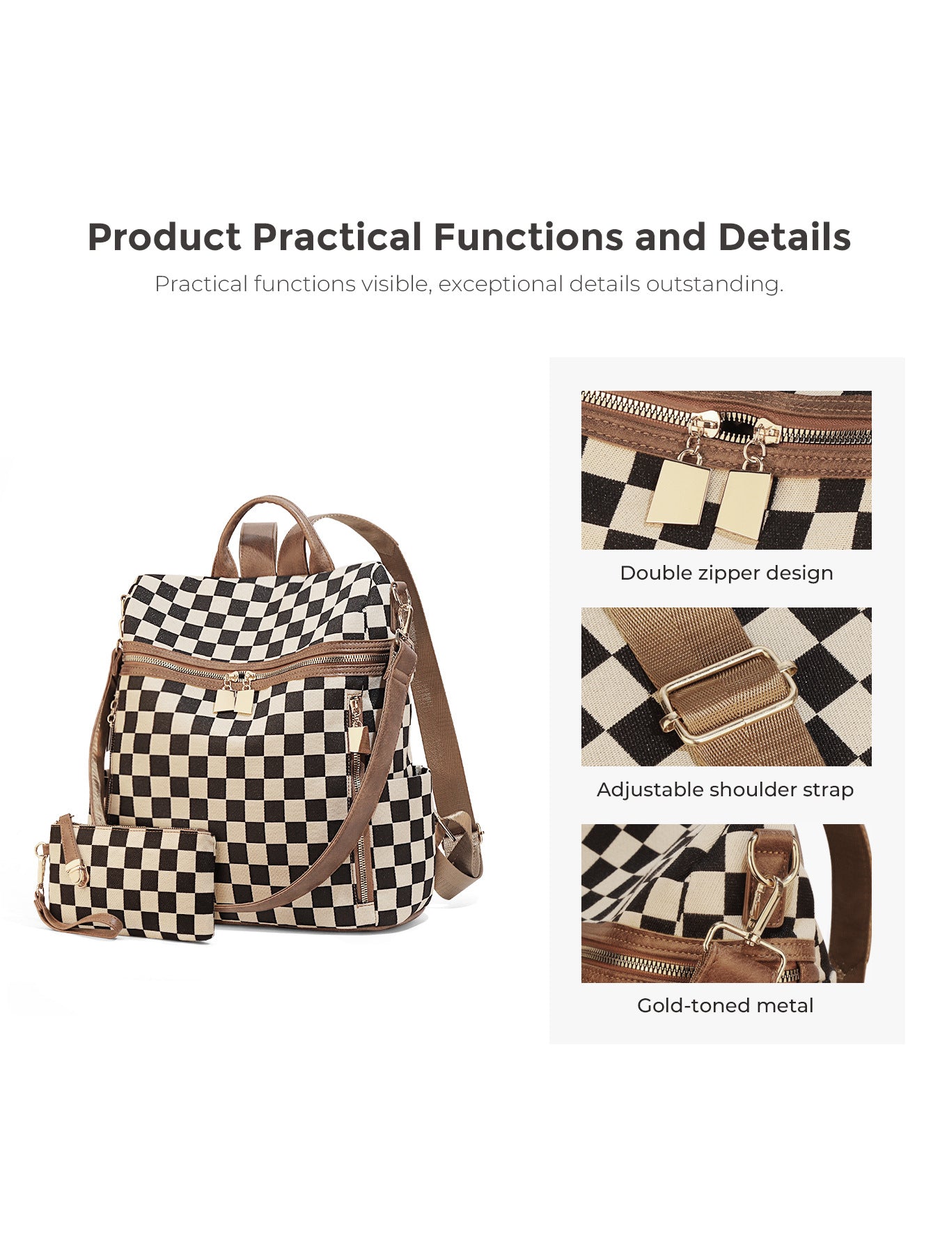 Ounamei Checkered Canvas Backpack Purse for Women with Matching Pouch | Large Capacity Travel & Daily Bag