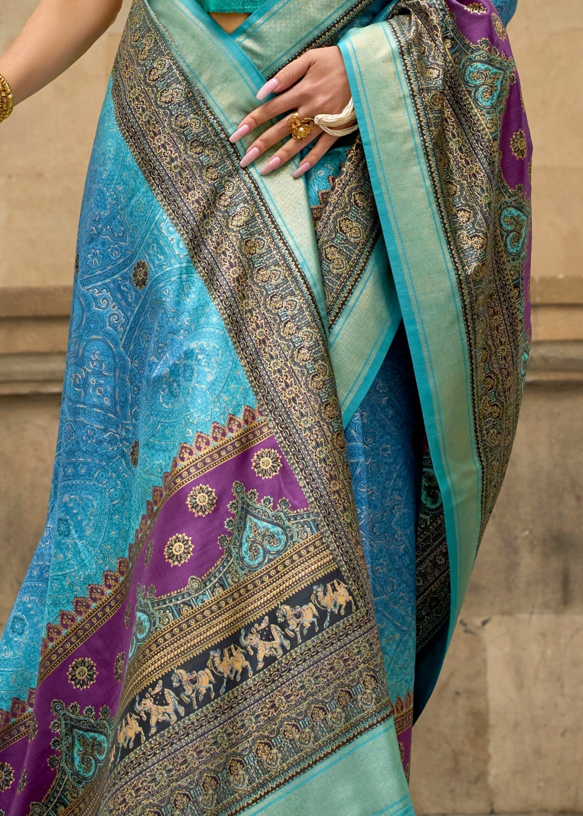 Light Blue Poly Viscose Silk Saree With Foil Print - qivii