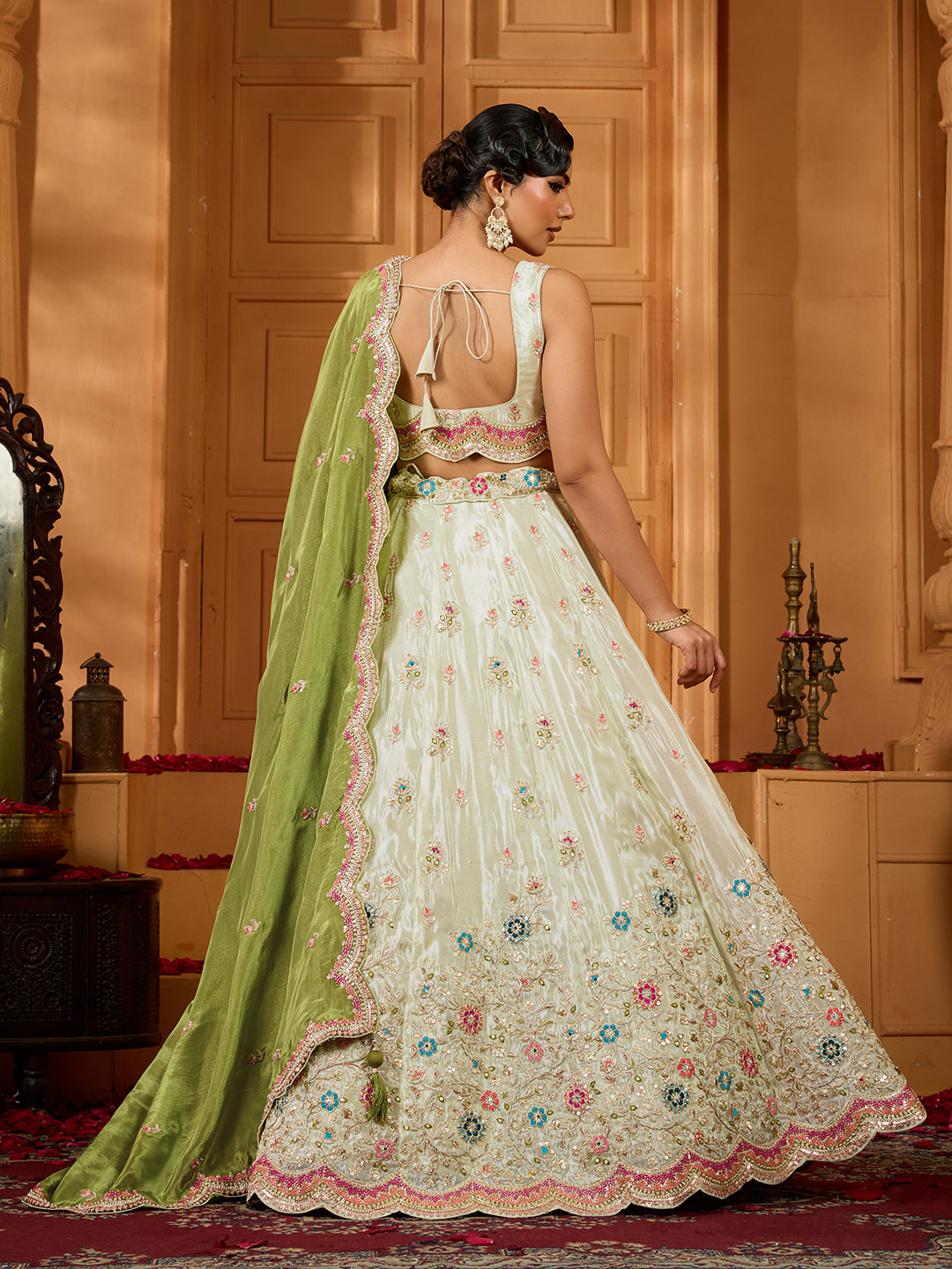 Limegreen- Tissue Fabric Sequins embroidery Semi-Stitched Lehenga & Unstitched Blouse With Dupatta - qivii