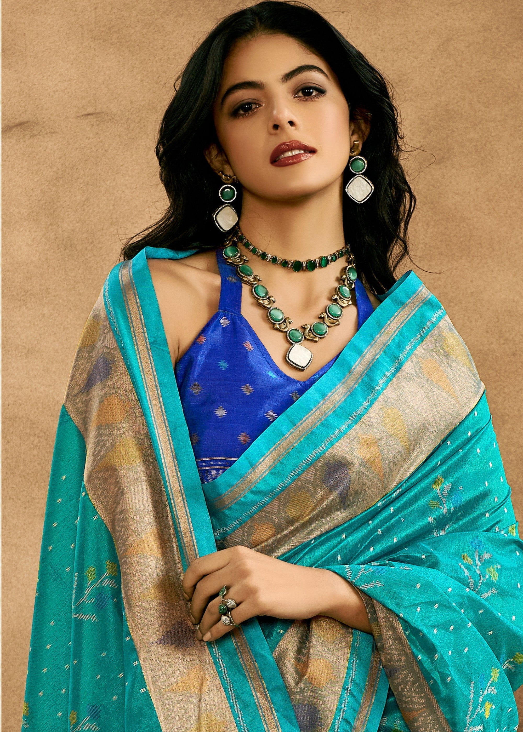 Aqua Green Patola Handloom Weaving Silk Saree - qivii