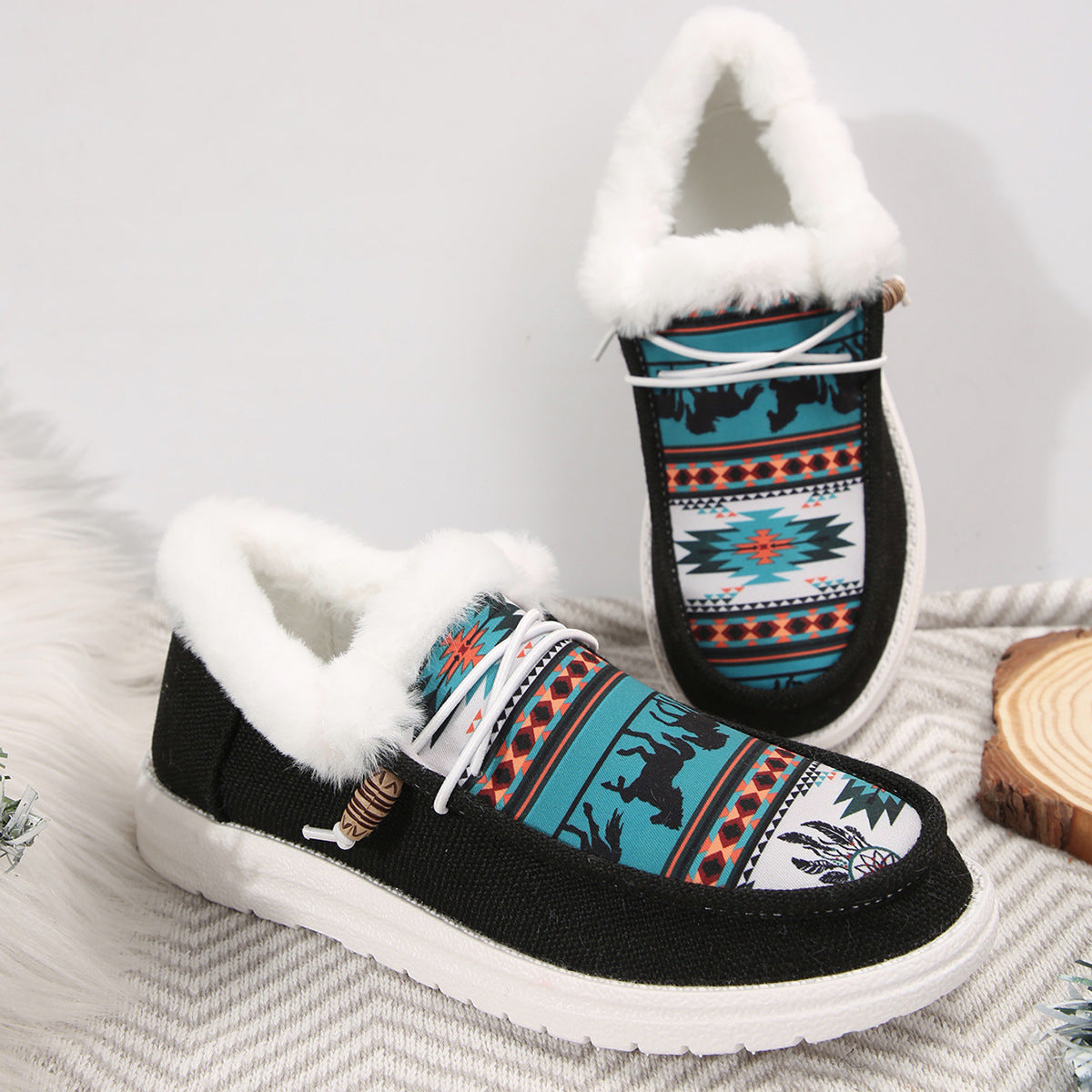 Women's Folklore Plush Flat Boots - Ethnic Print Lace-Up Winter Snow Shoes with Cozy Fleece Lining- US(5-10.5)