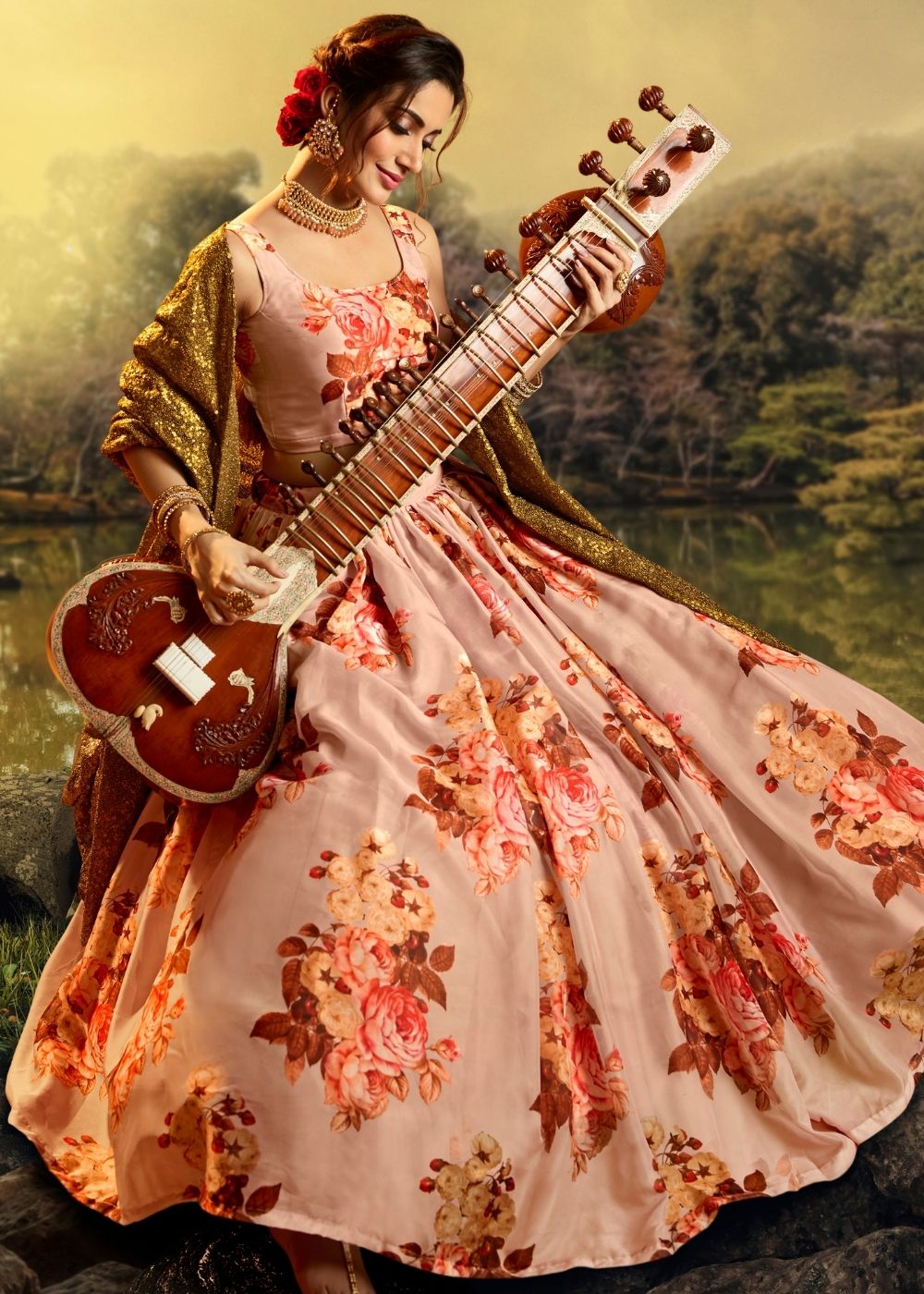 Coral Pink Organza Designer Printed Floral Lehenga Choli with Sequins and Zari work | Ready To Wear - qivii