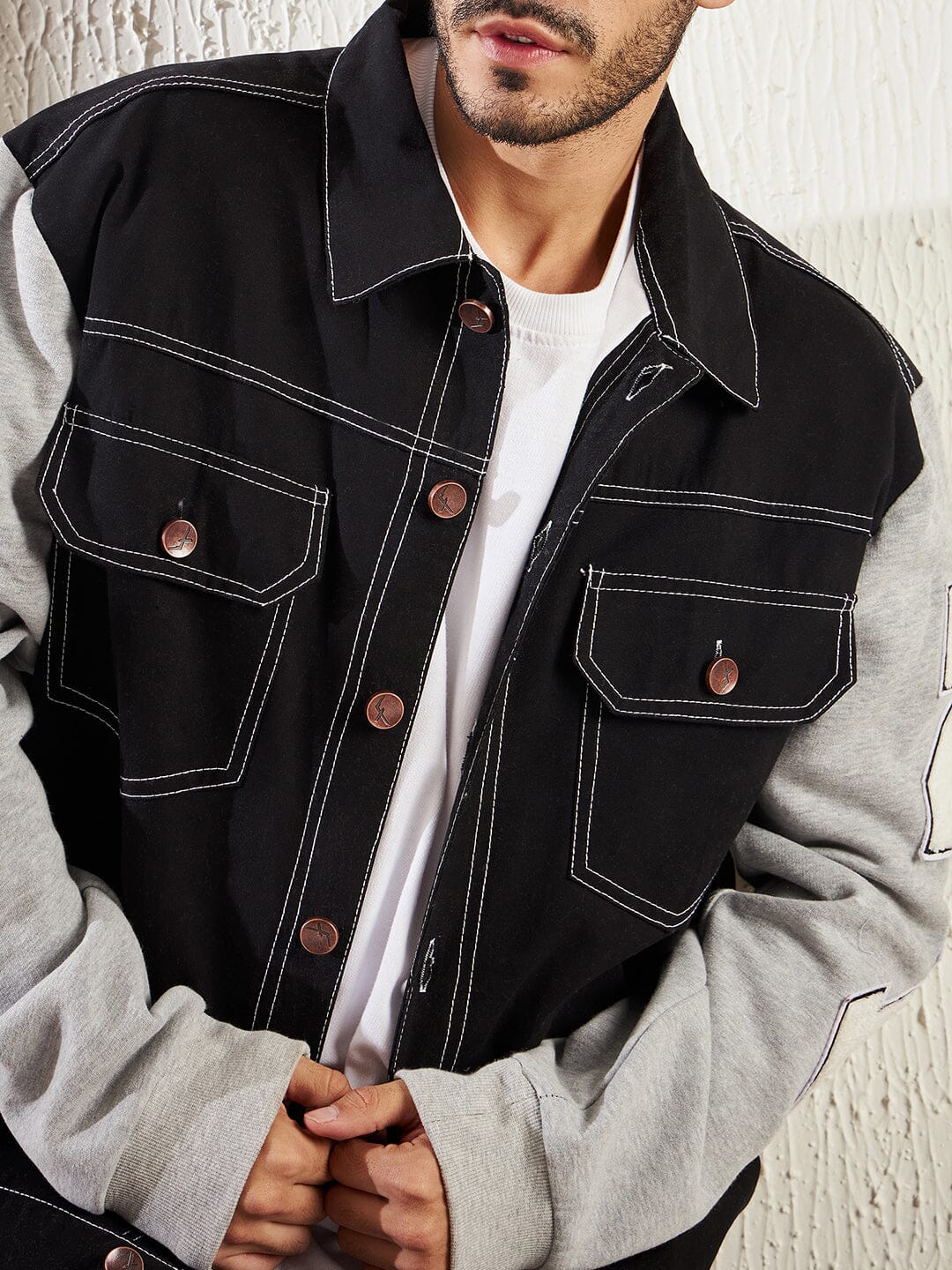 Black Letterman Contrast Stitch Jacket