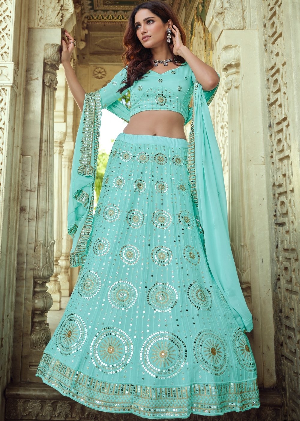Arctic Blue Georgette Lehenga Choli with Sequins & Thread work | Ready To Wear - qivii