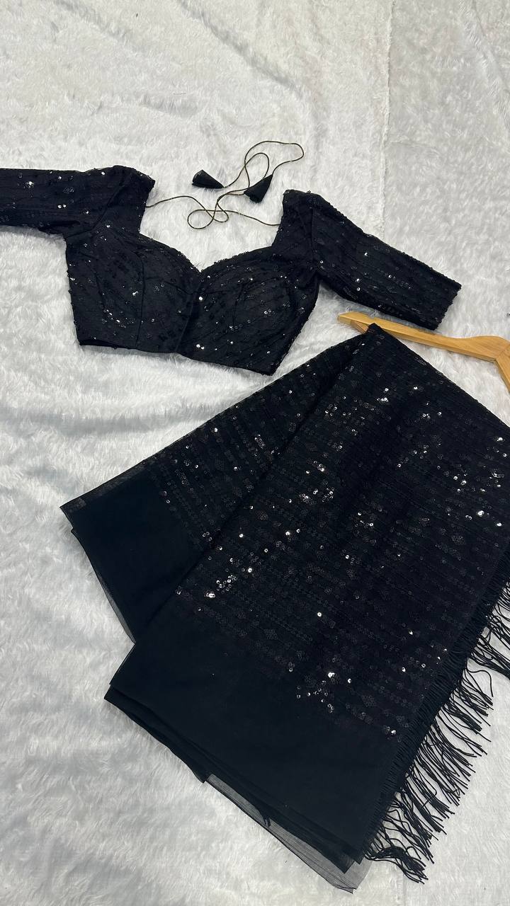 Black Net saree with heavy sequins & thread work - INSPIRED - qivii