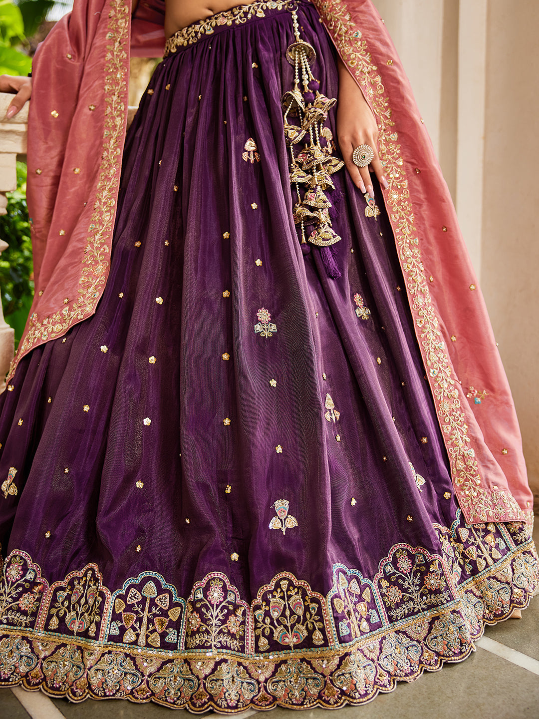 Burgundy - Satin Sequinse embroidery Semi-Stitched Lehenga choli & Dupatta - qivii