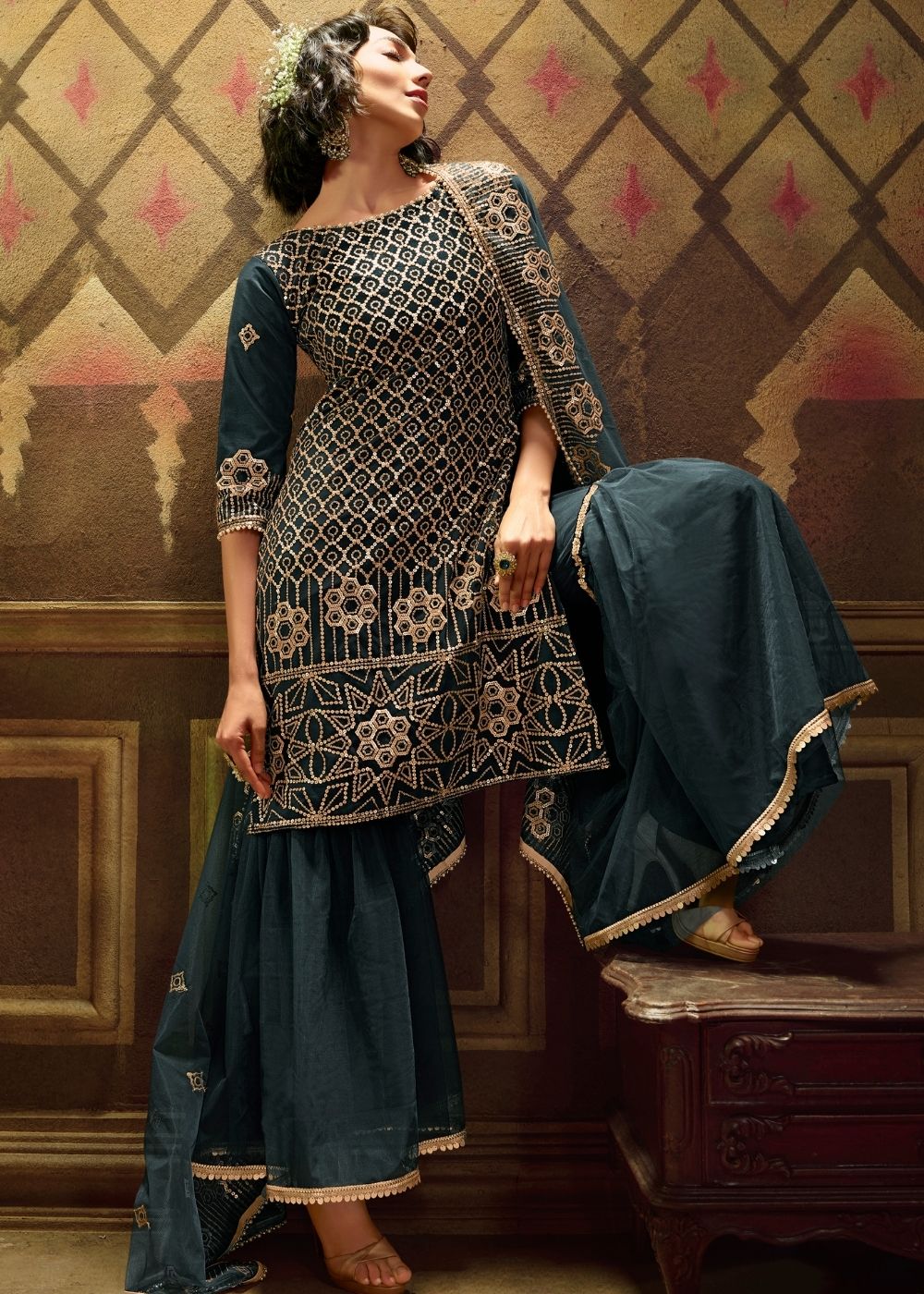 Rama Green Designer Soft Net Sharara Suit with overall Sequins work - qivii