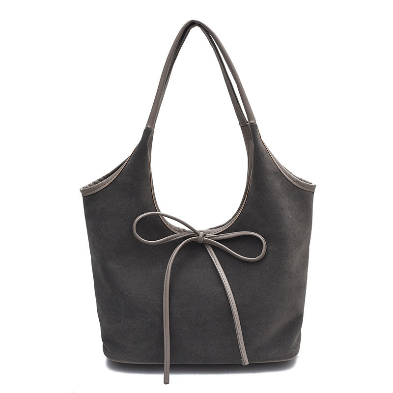 Women's Vintage Matte Tote Bag – Oversized Bow-Accent Shoulder Bag with Crossbody Strap