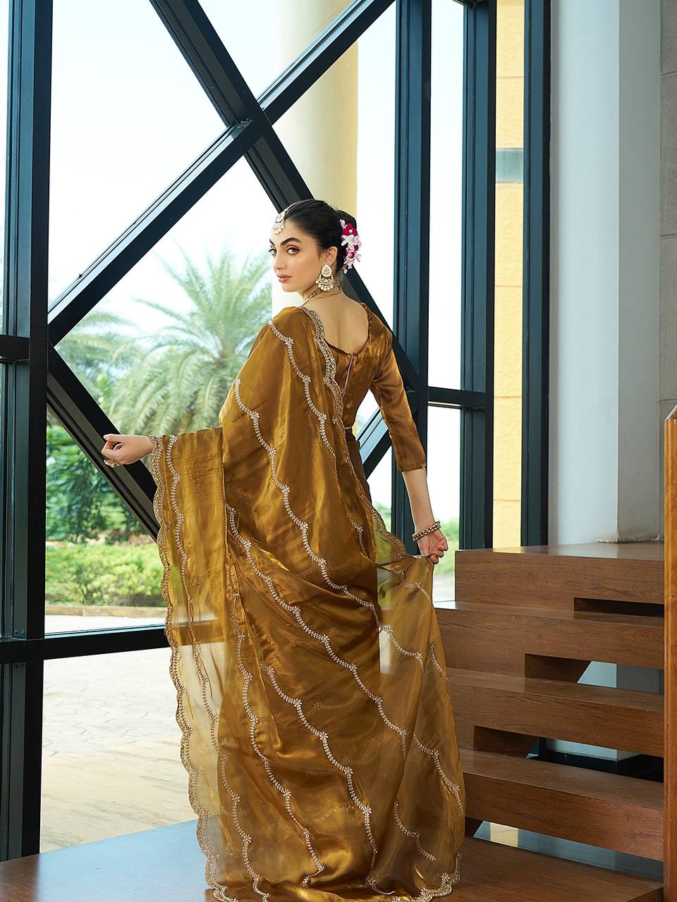 MEHENDI SILK WITH SEQUENCE EMBROIDERY DESIGN WORK SAREE - INSPIRED - qivii