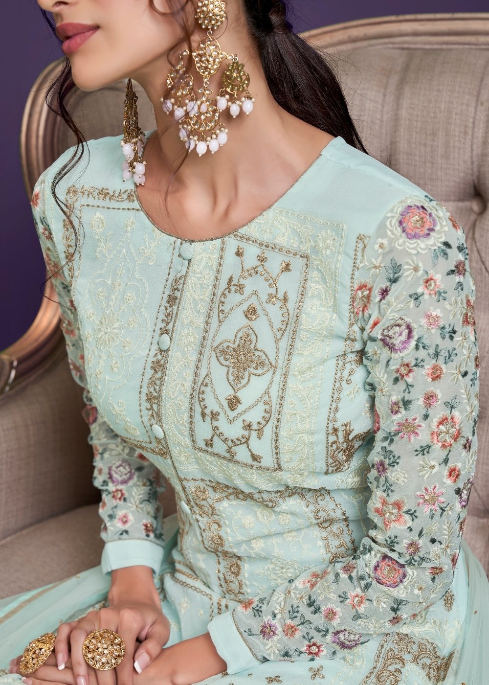 Sky Blue Georgette Salwar Suit with Thread, Zari & Sequence work - qivii