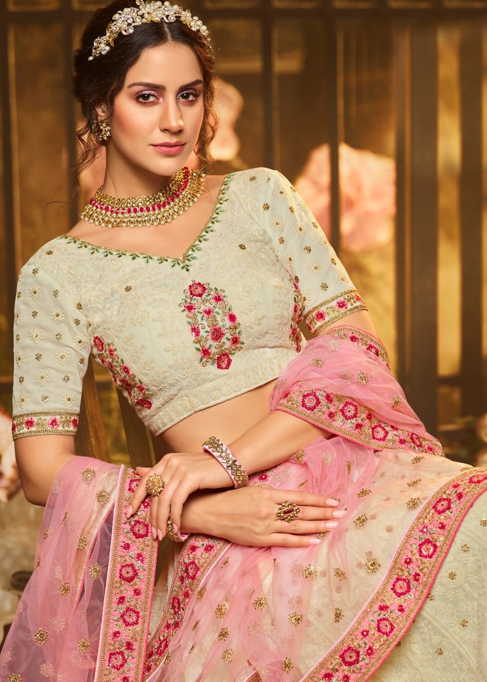 Ivory White Georgette Lehenga Choli with Thread, Zari, Sequin and Stone work | Ready To Wear - qivii