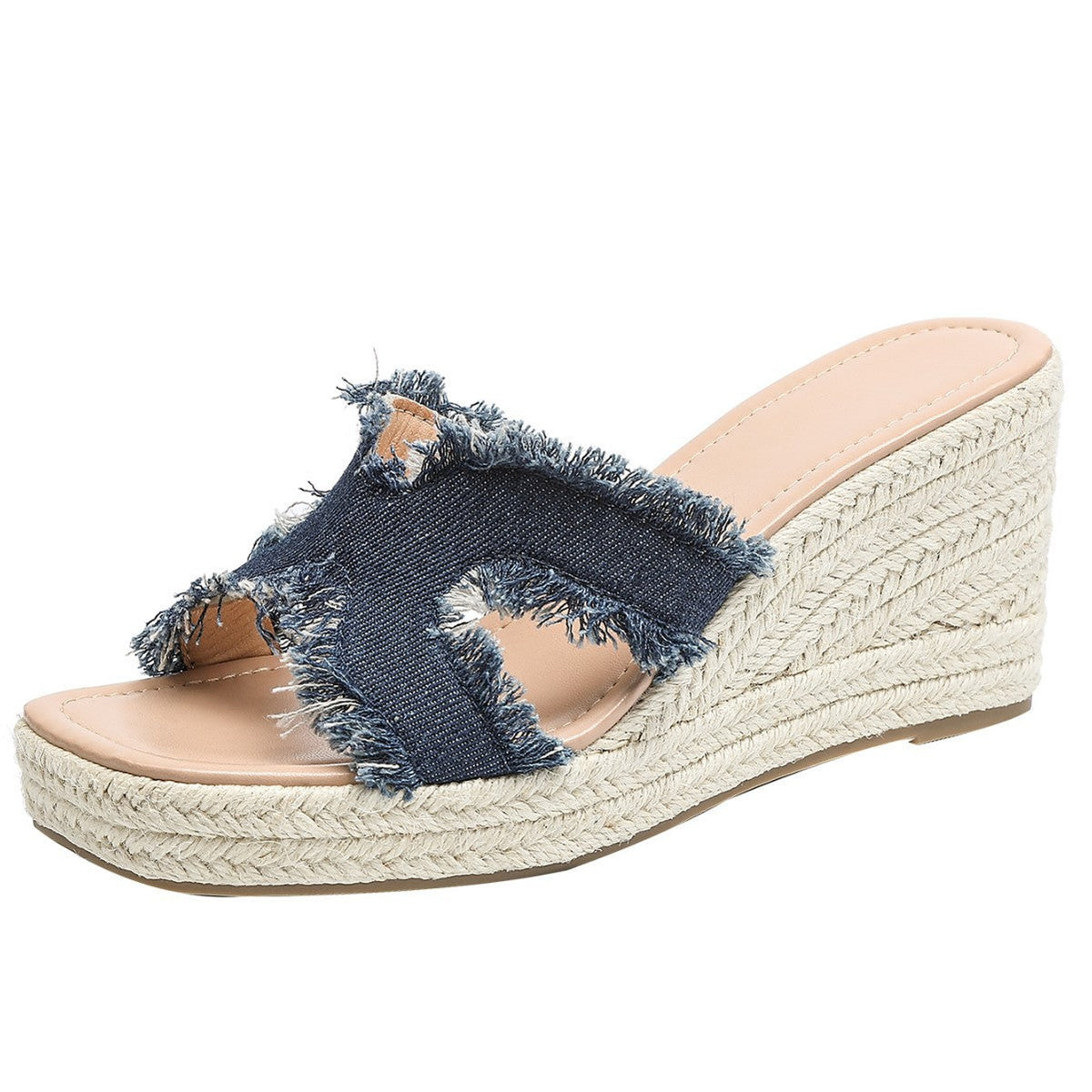 Women's Maren Frayed Denim Espadrille Wedge Slide Sandals - Coastal Platform Summer Shoes (US 4-10.5)