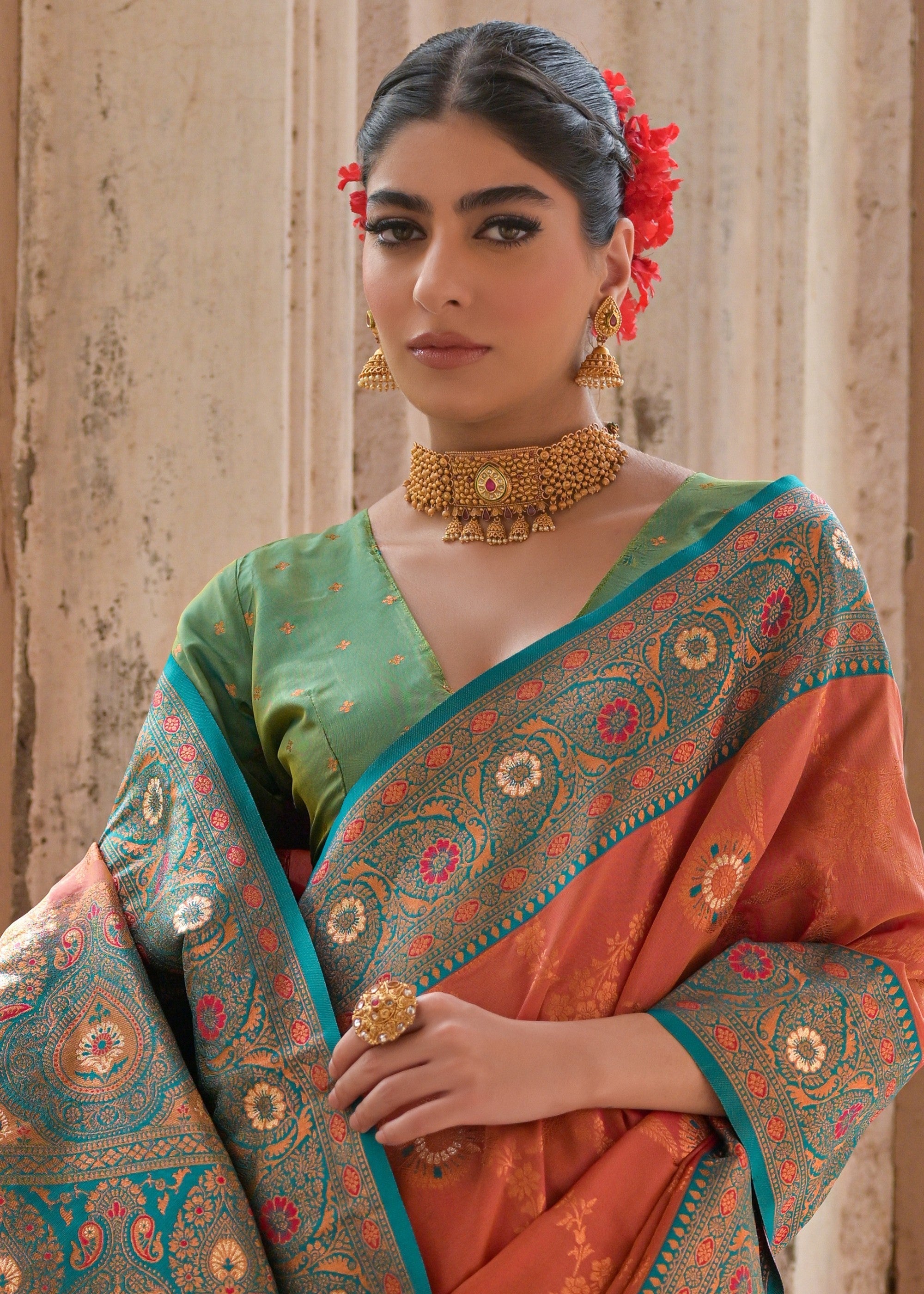 Carrot Orange All Over Flower Printed Zari Woven Banarasi Silk Saree With Contrast Pallu - qivii